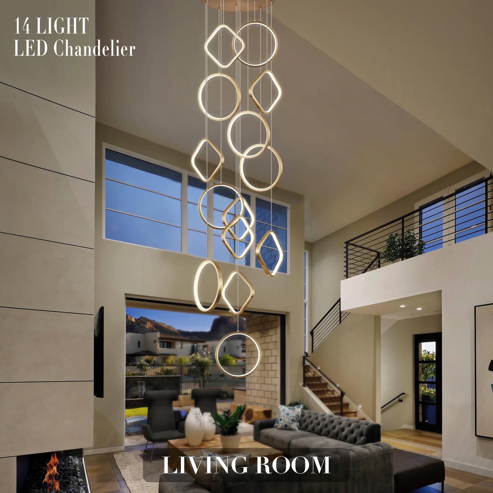 AIRYPHANT Gold LED Chandelier, 14-Light Modern Design for High Ceilings, Dimmable, Model P2001-14GDC1