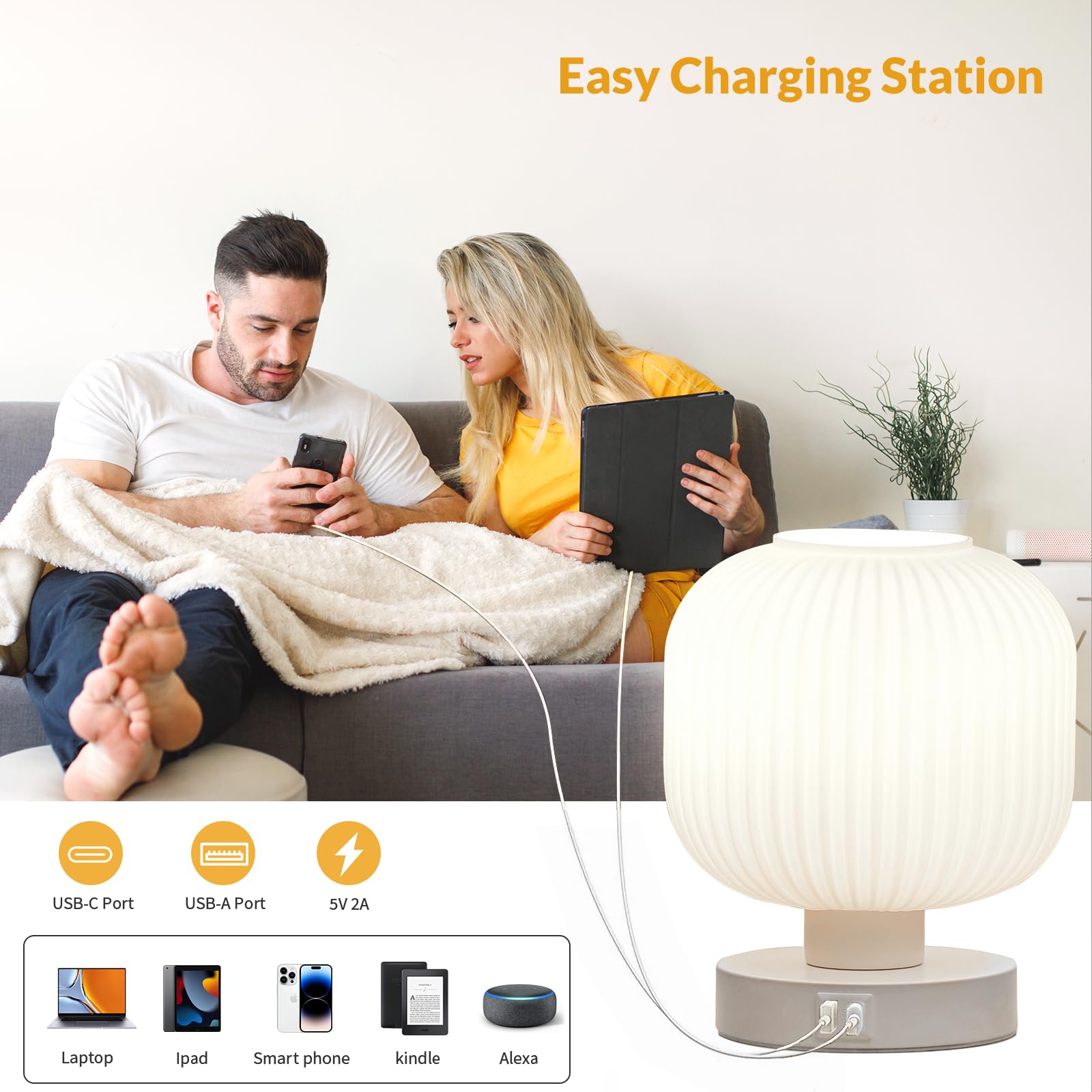 Elenhome Big Touch Glass Bedside Lamps,Table Lamps 3 Way Dimmable With Usb C+A Charging Ports - Bedroom Nightstand & Living Room Essential, 9W Bulb Included