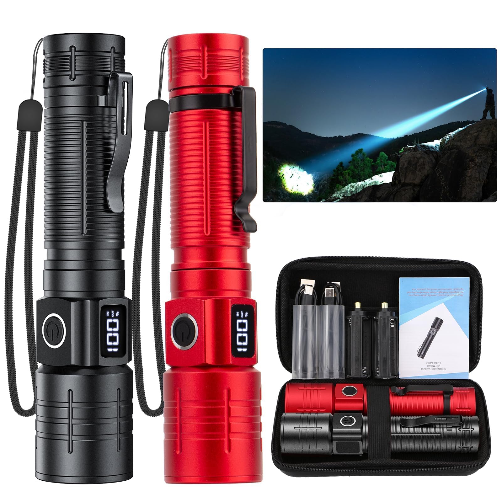 NetCan LED Flashlight High Lumens Rechargeable Aluminum Black+Red K2312 Waterproof Tactical Light
