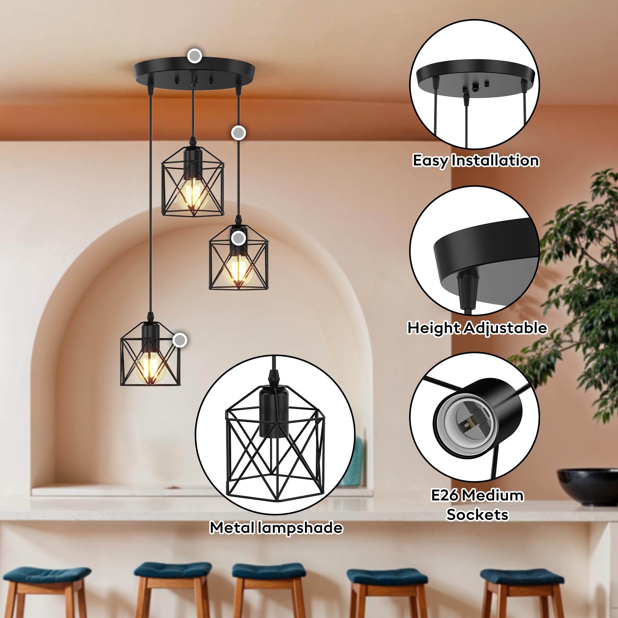 Phaosio 3-Light Pendant Lighting, Adjustable Matte Black Metal Fixture for Kitchen Island & Dining Room, Model Posi06