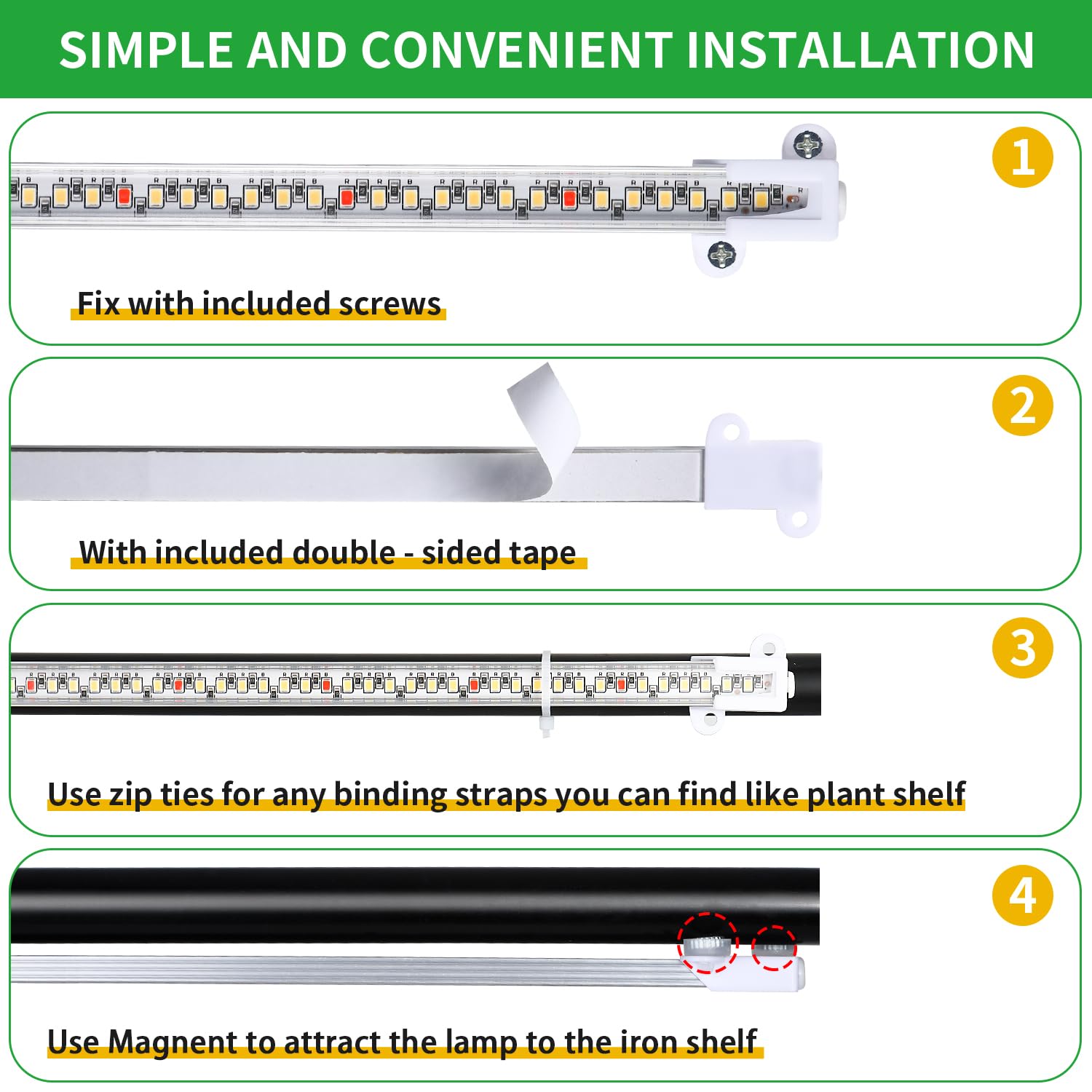 RWNTAO LED Grow Light Strips, Full Spectrum 15.7", 120 LEDs, 4 Install Methods, Timer, Dimmable, Red/White, Model ZWLDT-