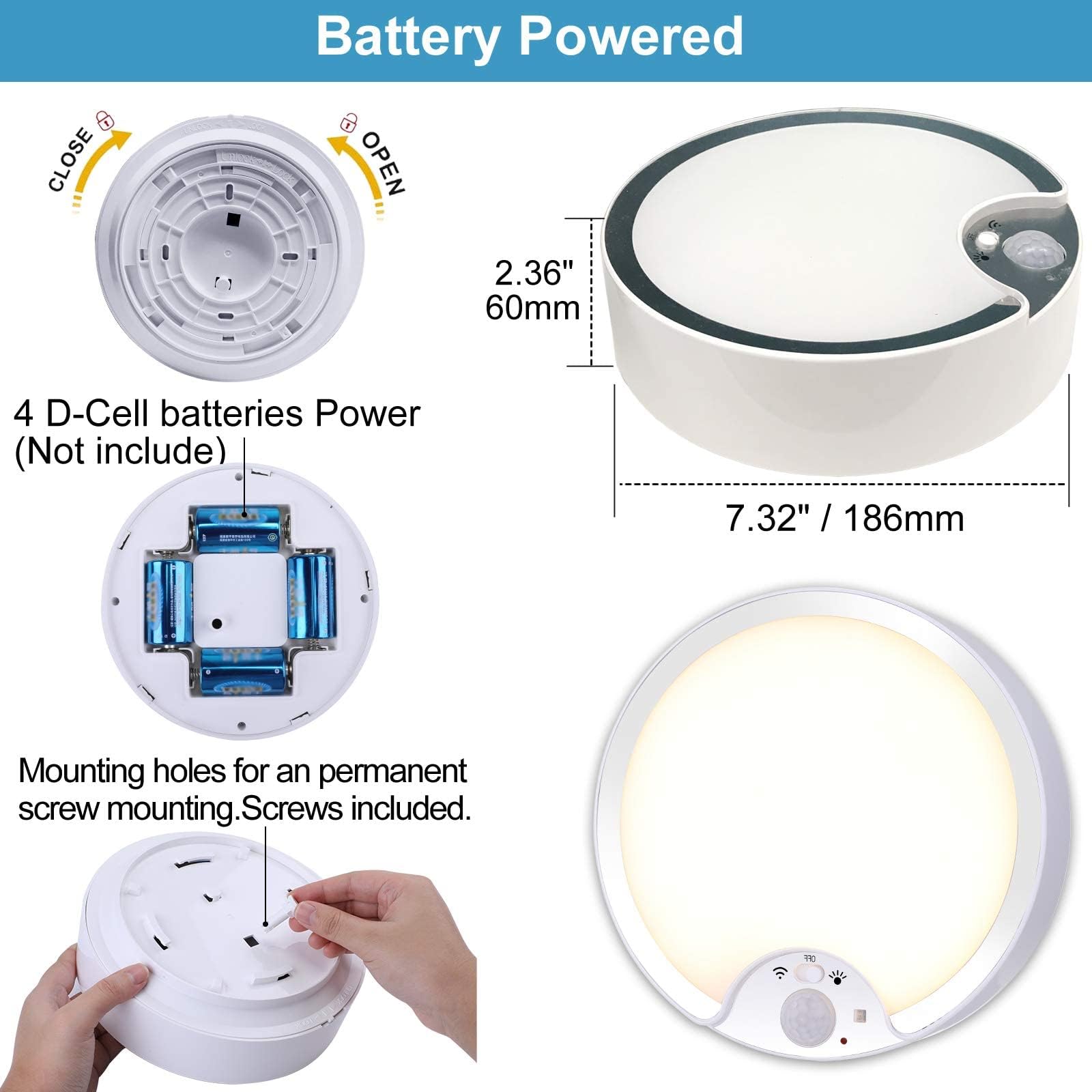Lightess Battery Operated Motion Sensor Ceiling Light Wireless With Remote Control Indoor With 7000K For Closet Shower Garage Pa