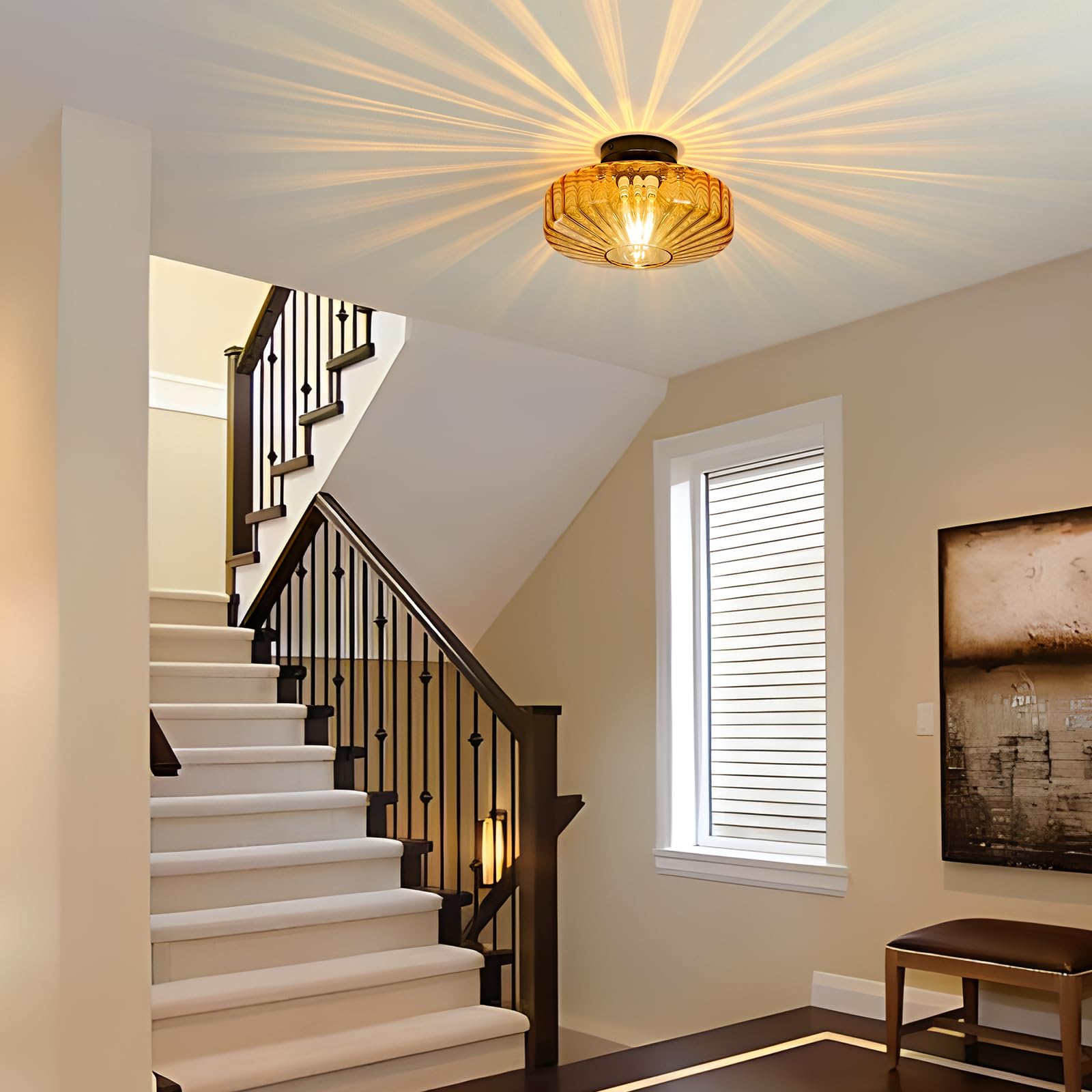 Glass Semi Flush Ceiling Lights - 12 In Vintage Mid Century Modern Lighting Fixture - Drum Unique Art Deco Amber Mount Light Fixtures For Hallway Entry Way Hall Kitchen Dining Laundry Room Foyer Porch