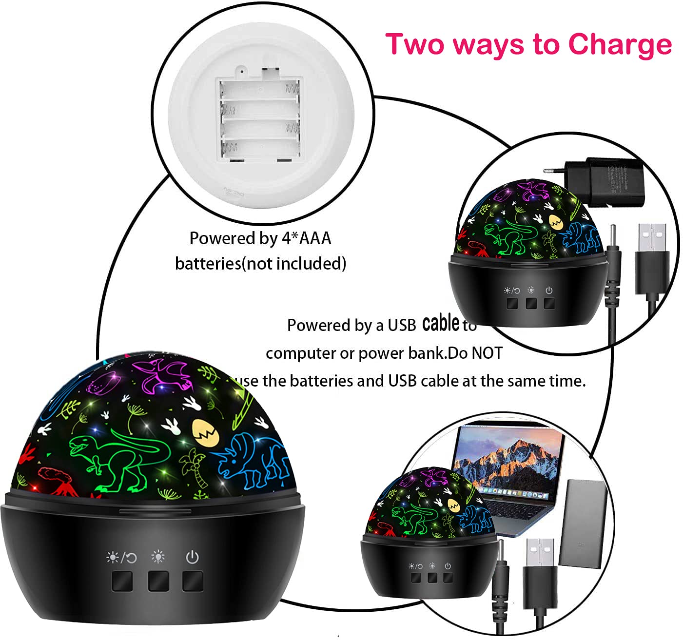 MINGKIDS 2-in-1 Rotating Dino & Vehicles Projector Night Light, Black, Model 012-1652, Perfect Gift for Kids 3-8 Years Old