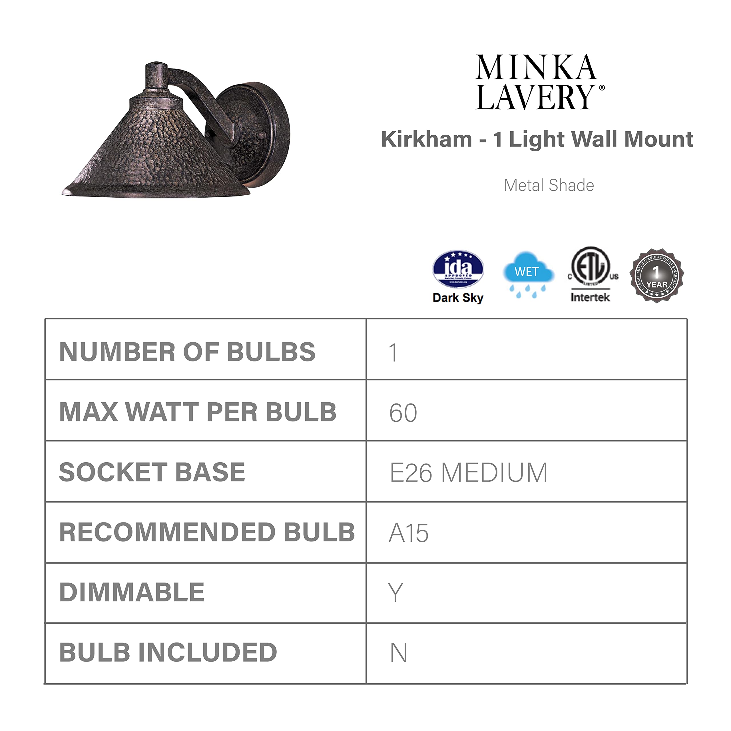 Minka Lavery Outdoor Wall Light 8101-A138, 60W Bronze Aluminum Lantern, 8.5in Wall Mount, Dark Sky