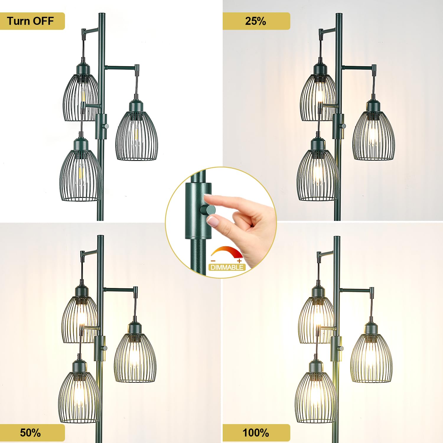 Dimmable Industrial Floor Lamps For Living Room, Green Tree Standing Tall Lamps With 3 Elegant Teardrop Cage Head & 800 Lumens L