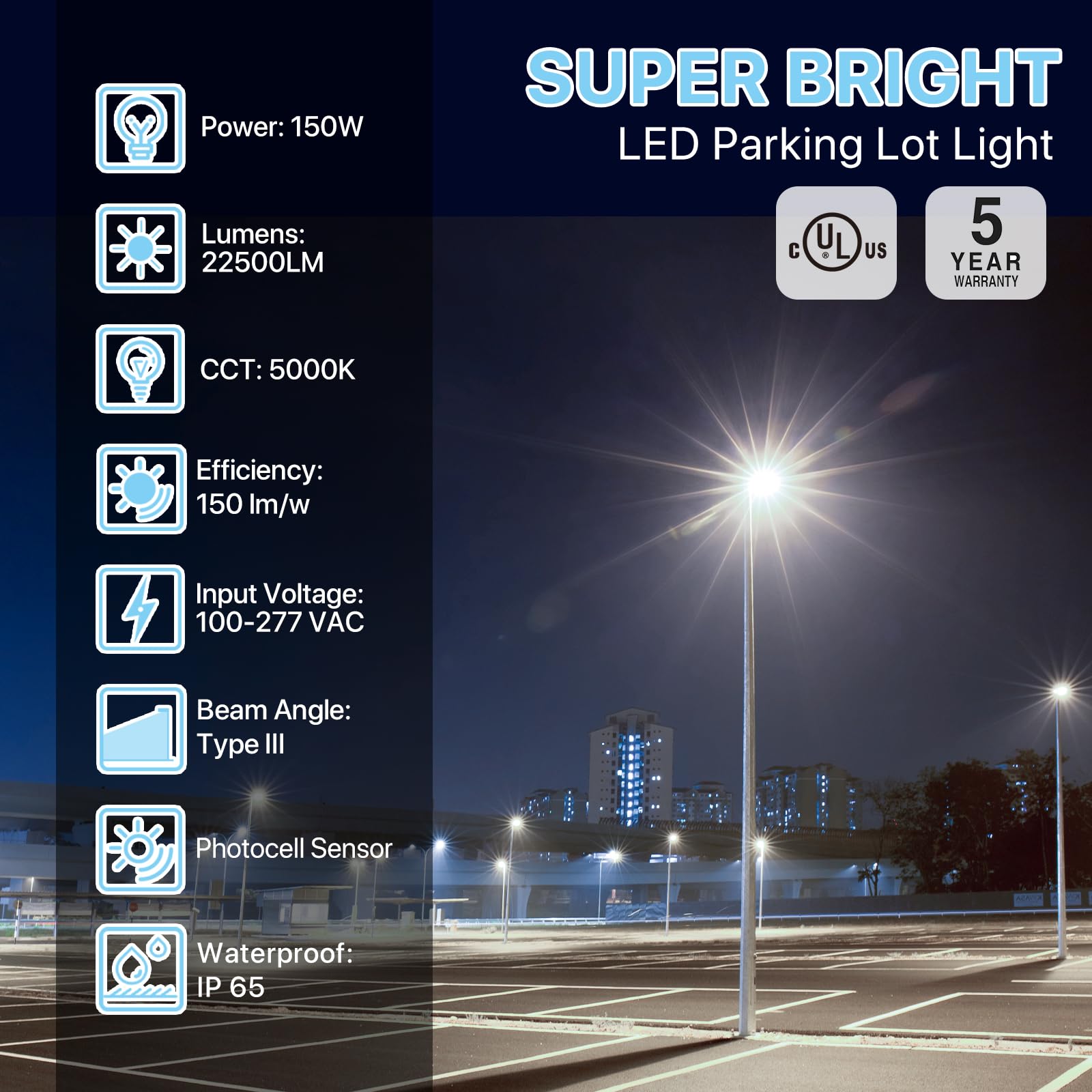 HYPERLITE 150W LED Parking Lot Light - UL Certified, IP65, Dusk to Dawn, 5000K, Bronze, Adjustable Slip Fitter Mounting