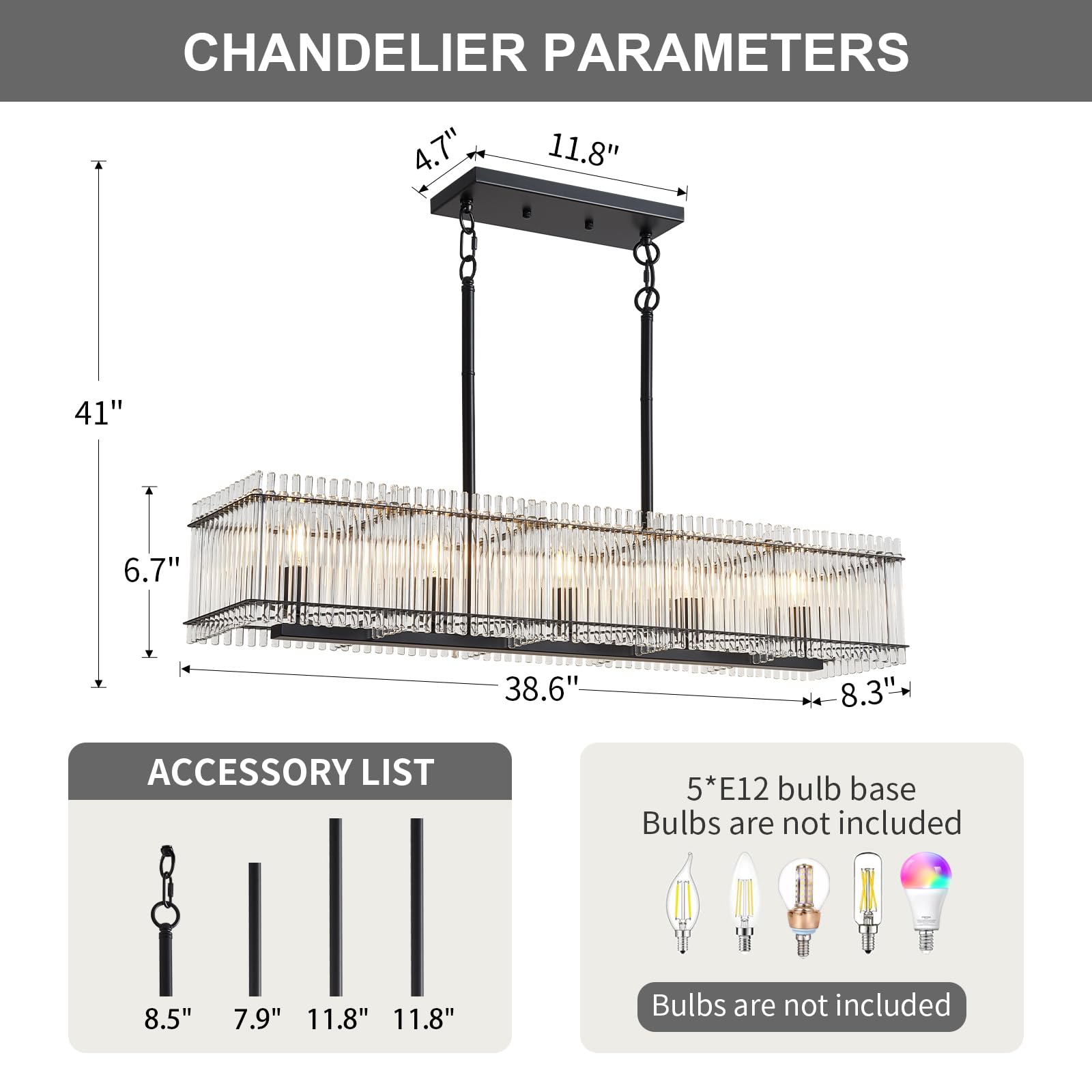 Lanhall 5-Light Modern Crystal Chandelier Luxury Black Dining Room Light Fixture Over Table Rectangle Farmhouse Hanging Pendant