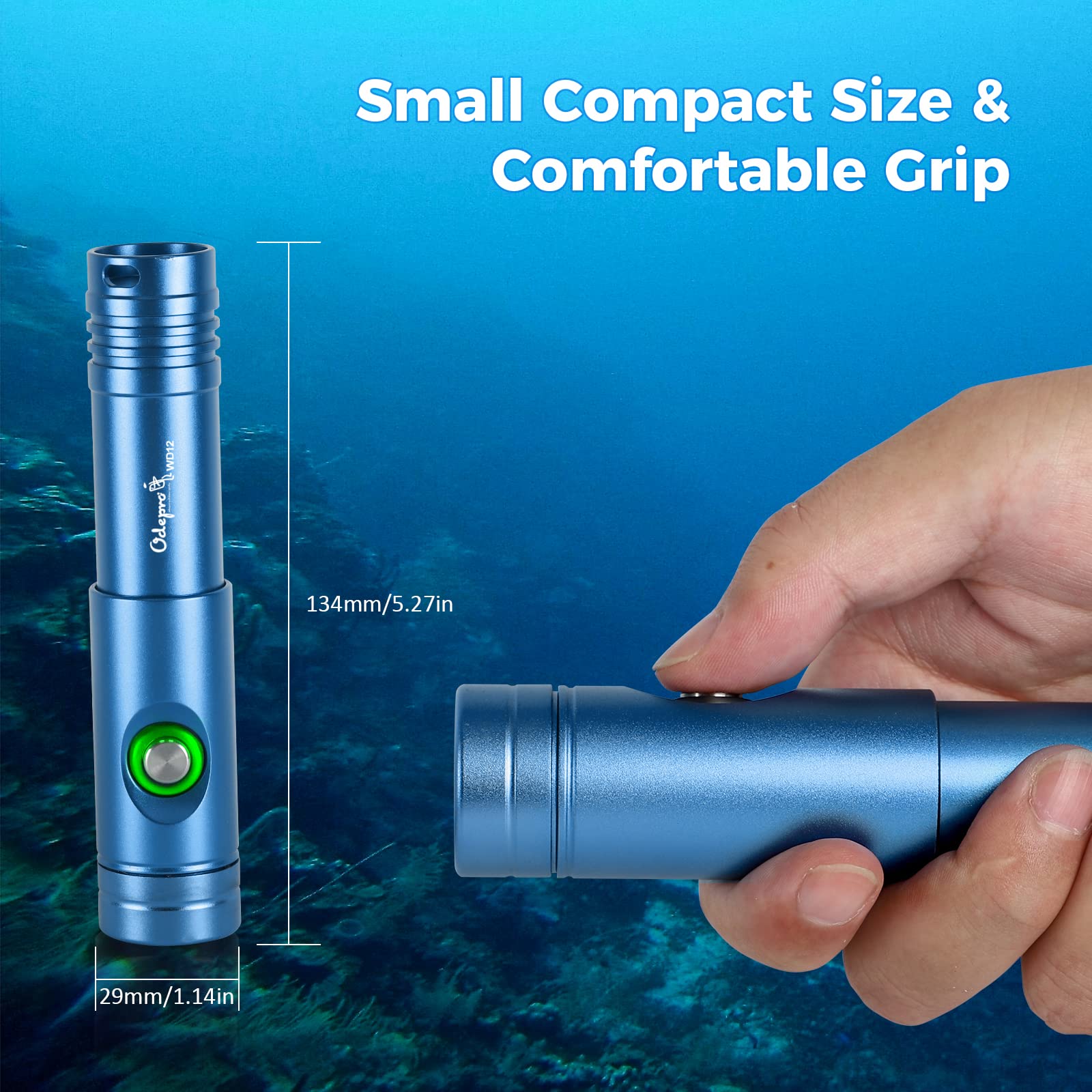 Odepro Wd12 Dive Light - 980 Lumens Compact Scuba Diving Backup Light With 3 Modes, Ip68 Waterproof Submersible Torch, Underwater Snorkeling Flashlight With Push Button (Blue)