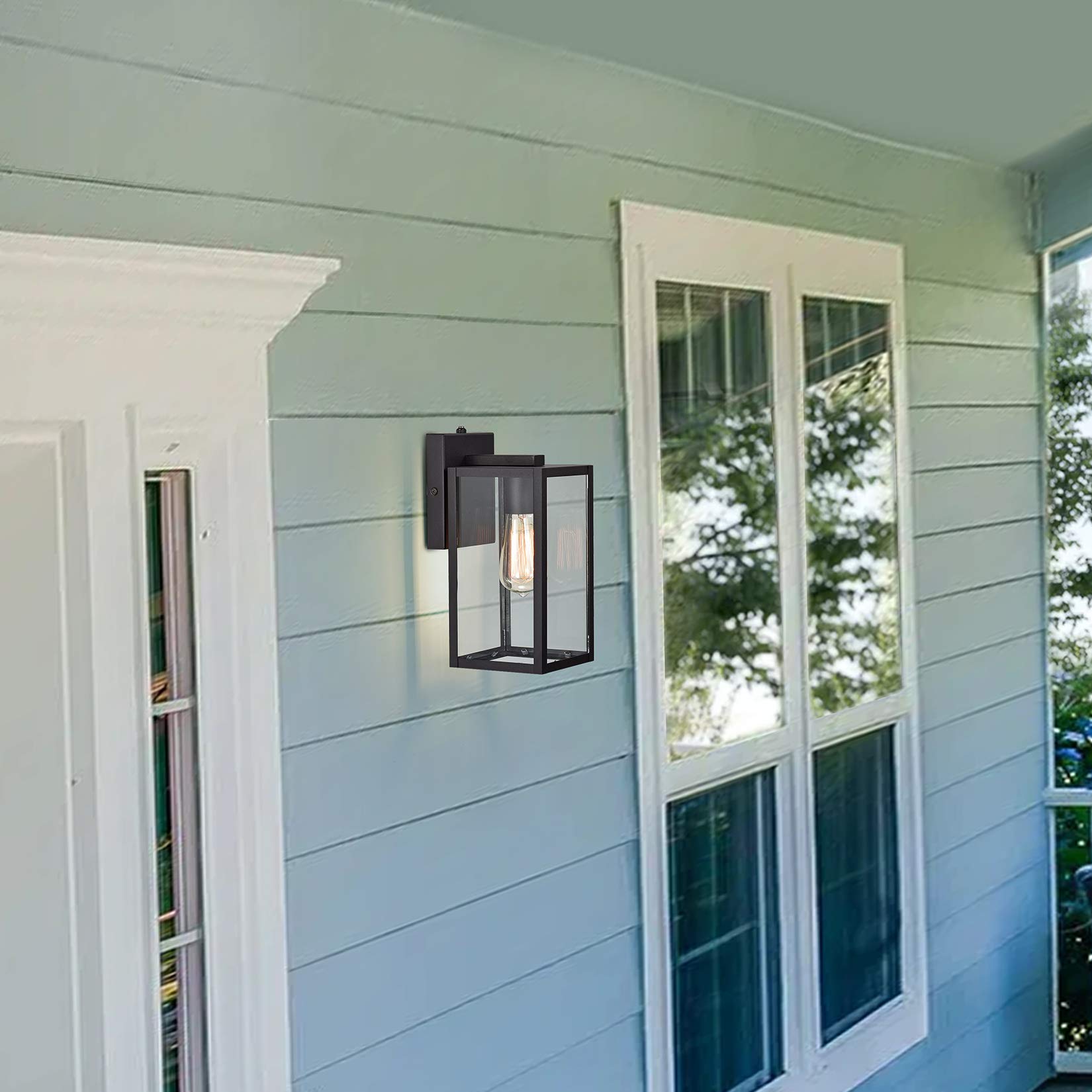 MICSIU Outdoor Wall Lantern - 11 Inch Matte Black, Clear Glass, 2 Pack, Dusk to Dawn Lighting for Porch, Garage, Pathway, Model 20002