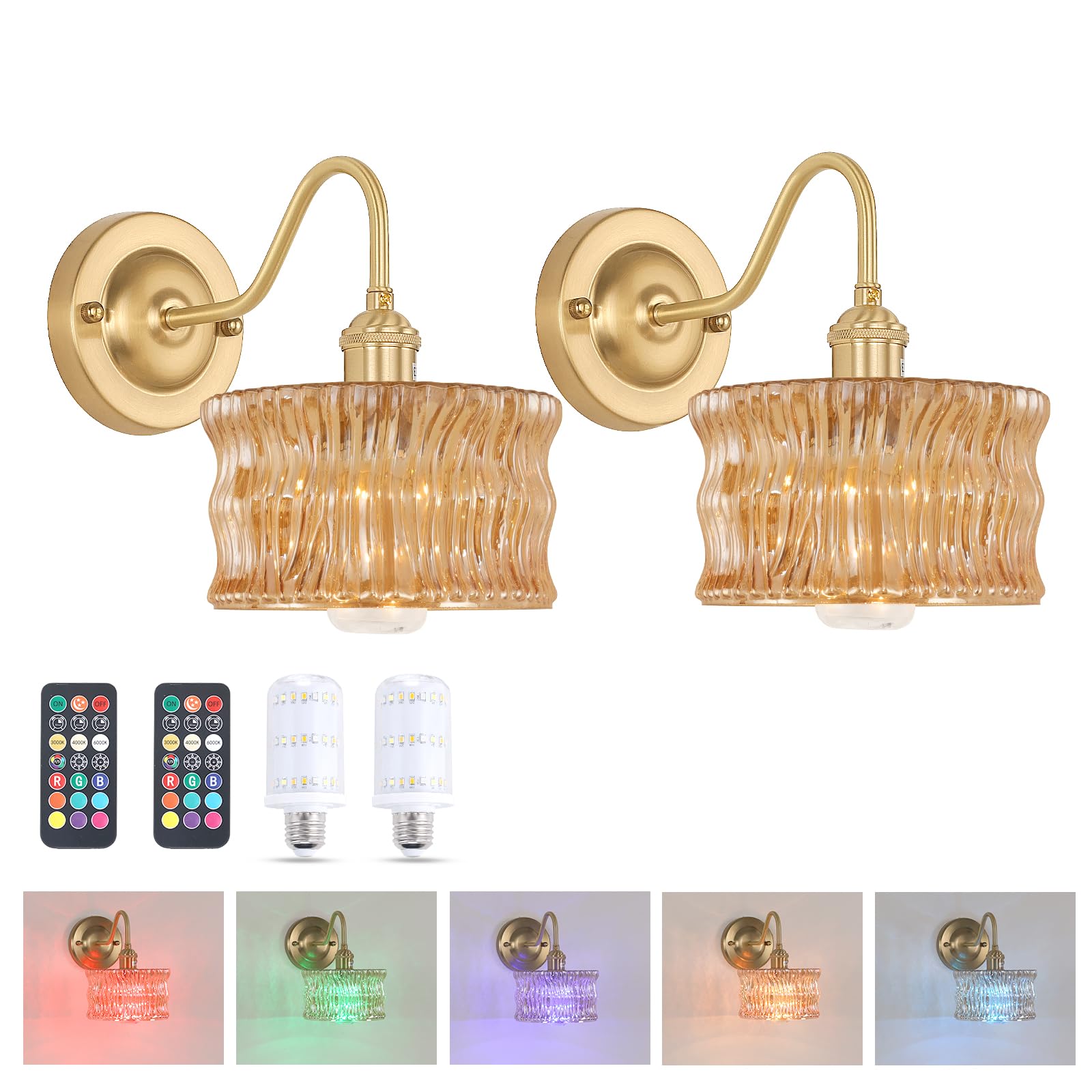 Shenmoyl Battery Operated Wall Sconce Set of 2, Vintage Amber Ripple Glass Shade, Wireless Indoor Lamp, Model 1-93753-wlamp