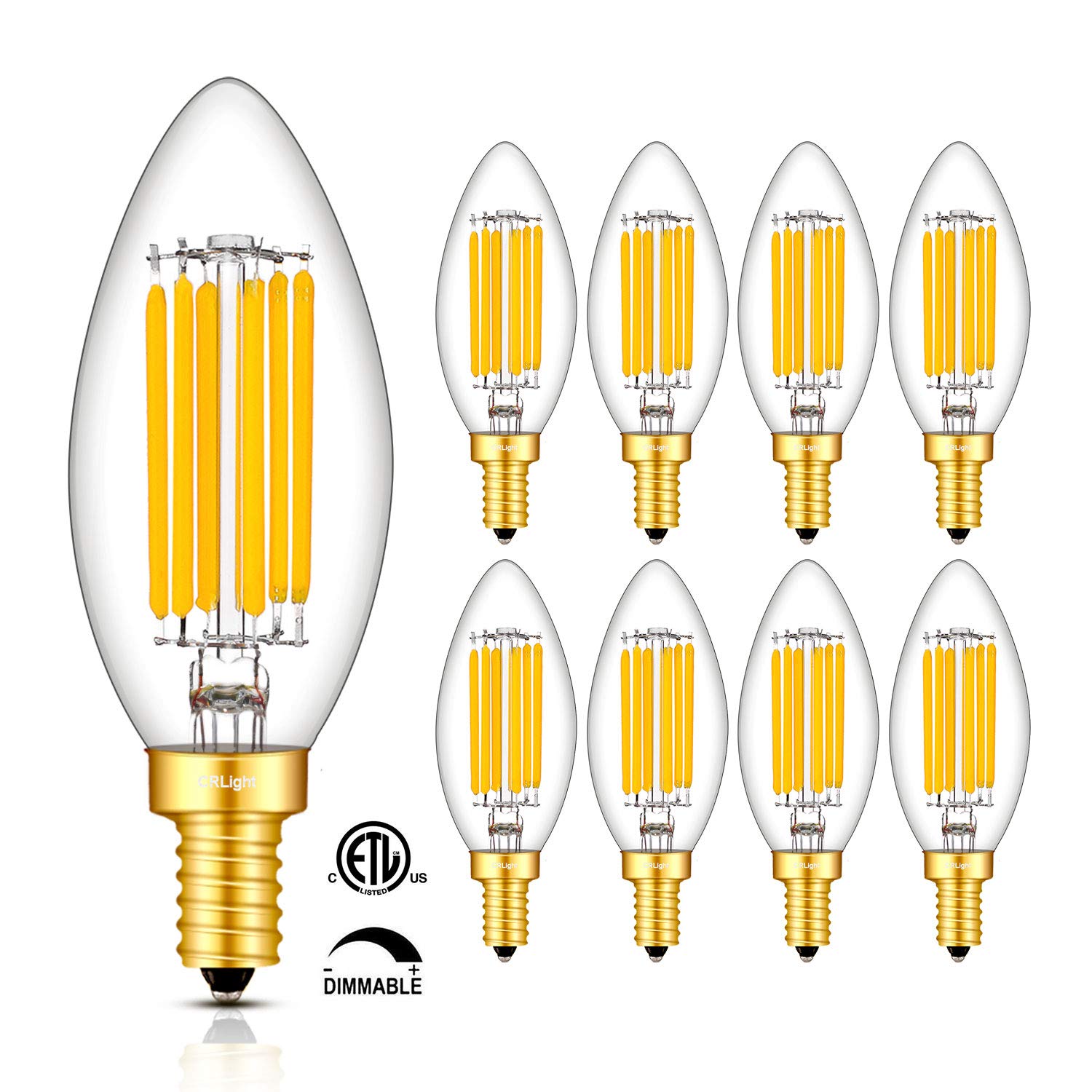 CRLight 6W Dimmable LED Candelabra Bulbs, 65W Equivalent, 650LM, Glass, 3000K Soft White, 8 Pack