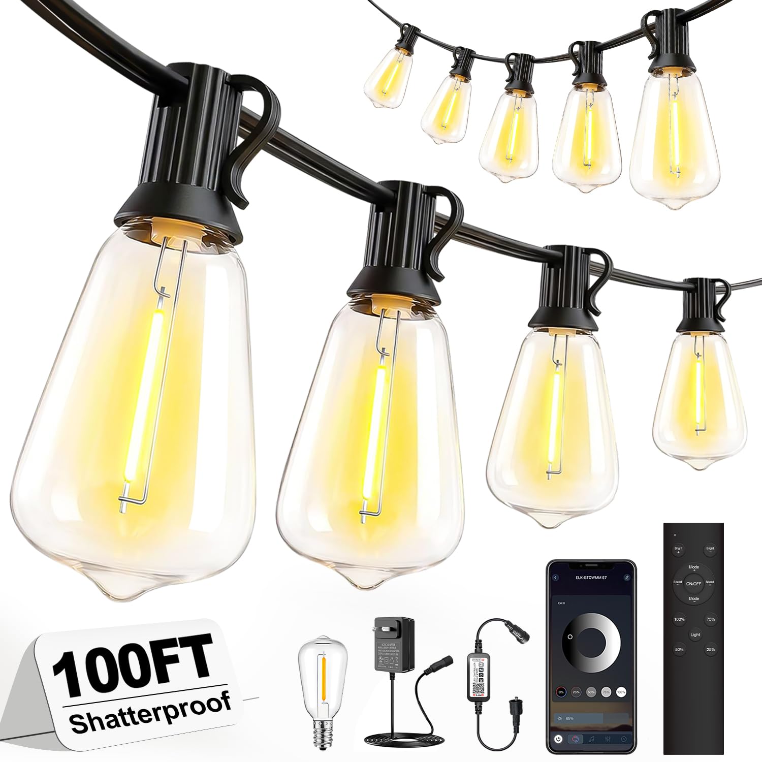 Skoiuc Outdoor String Lights 100FT, APP & Remote Control Dimmable Patio Lights, Plug in LED String Lights with Timer, Waterproof