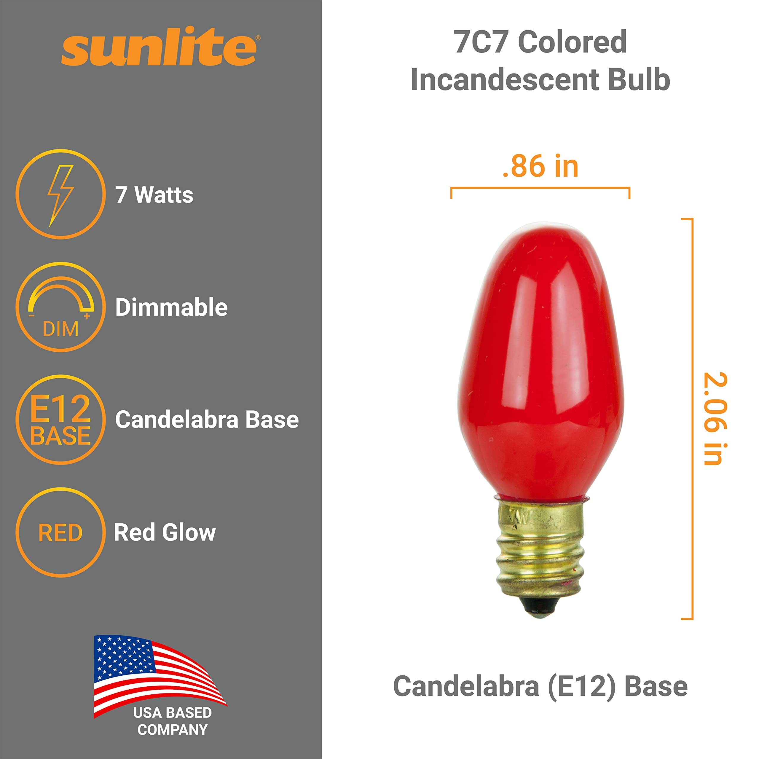 Sunlite 01058 Incandescent Bulb, Candelabra E12 Base, 7 Watt, Red, 12 Count