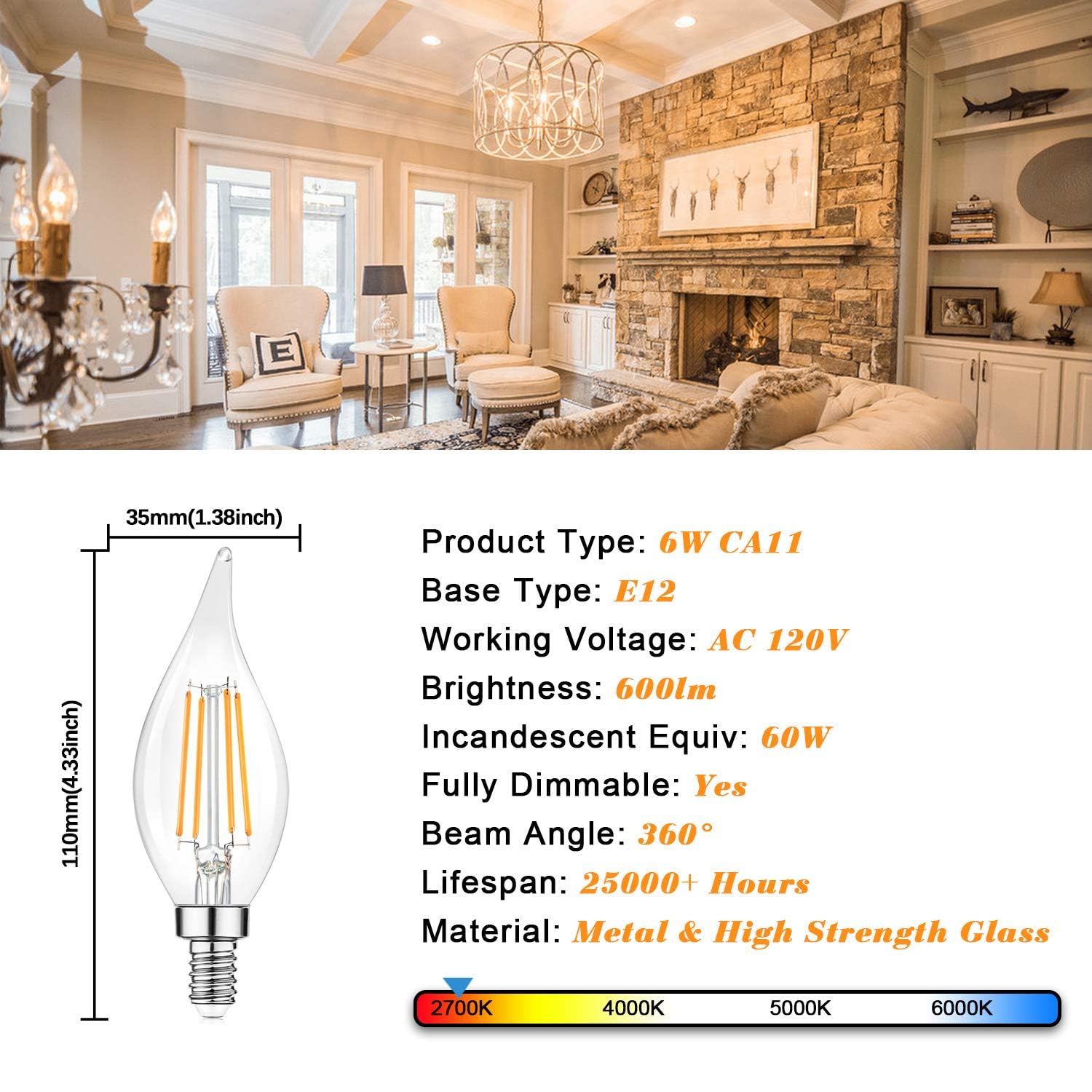 Tobusa Dimmable E12 Candelabra Led Bulbs 60 Watt Incandescent Equivalent, 2700K Warm White, Clear Led Chandelier Light Bulbs 6W,