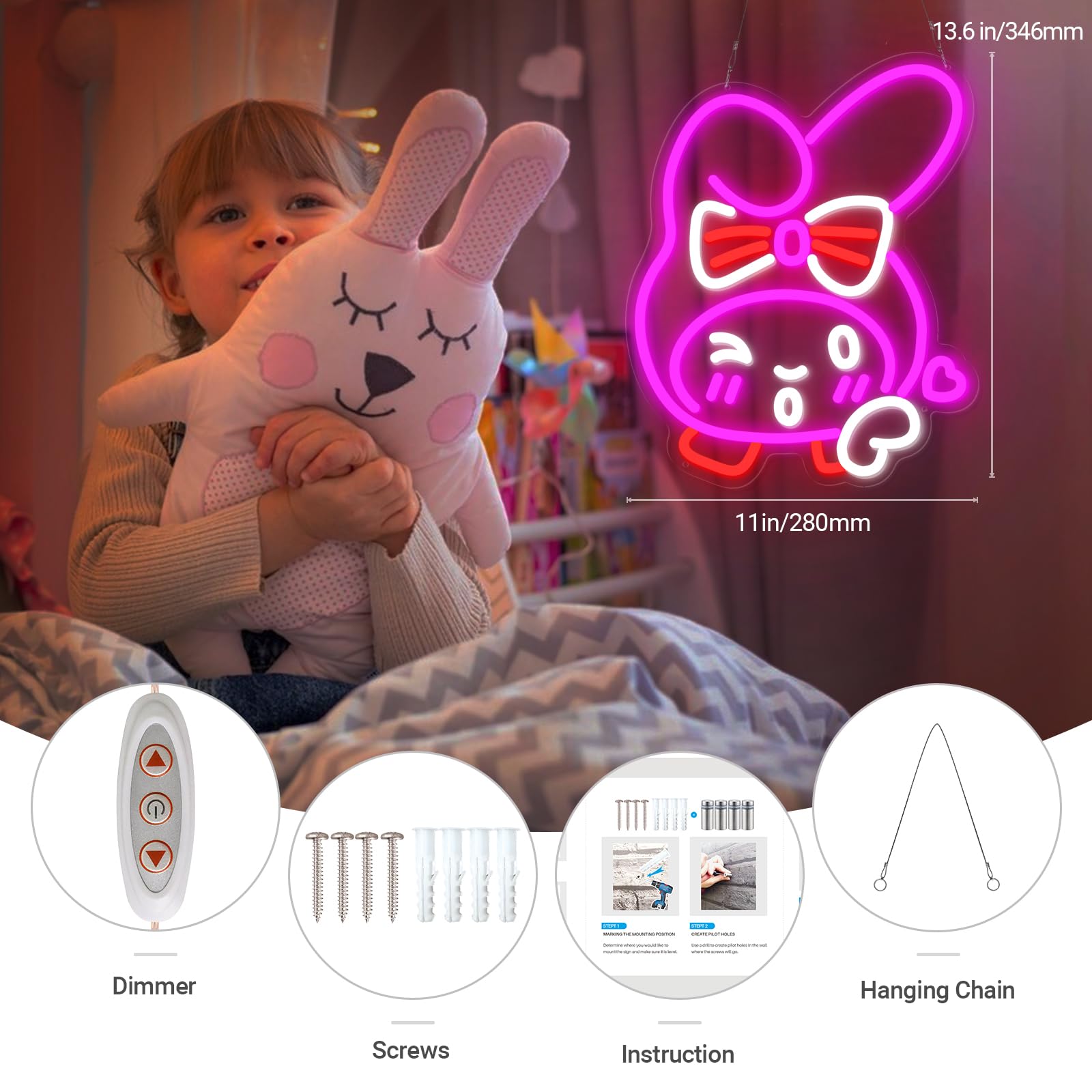 KiMineon My Melody LED Light Sign, Neon Wall Decor, 14in Acrylic, Pink, Model Melody-Cute-14