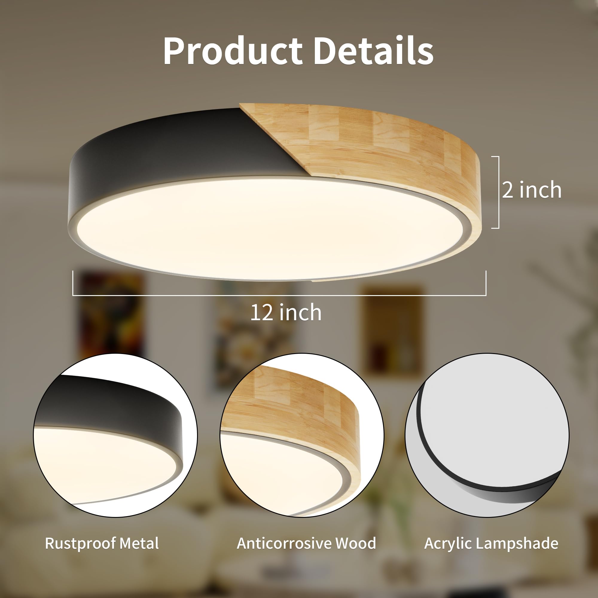 Light Fixtures Ceiling Mount: 12 Inch Natural Wood Flush Mount Ceiling Light 24W Bedroom Lights For Round Led Ceiling Lights For