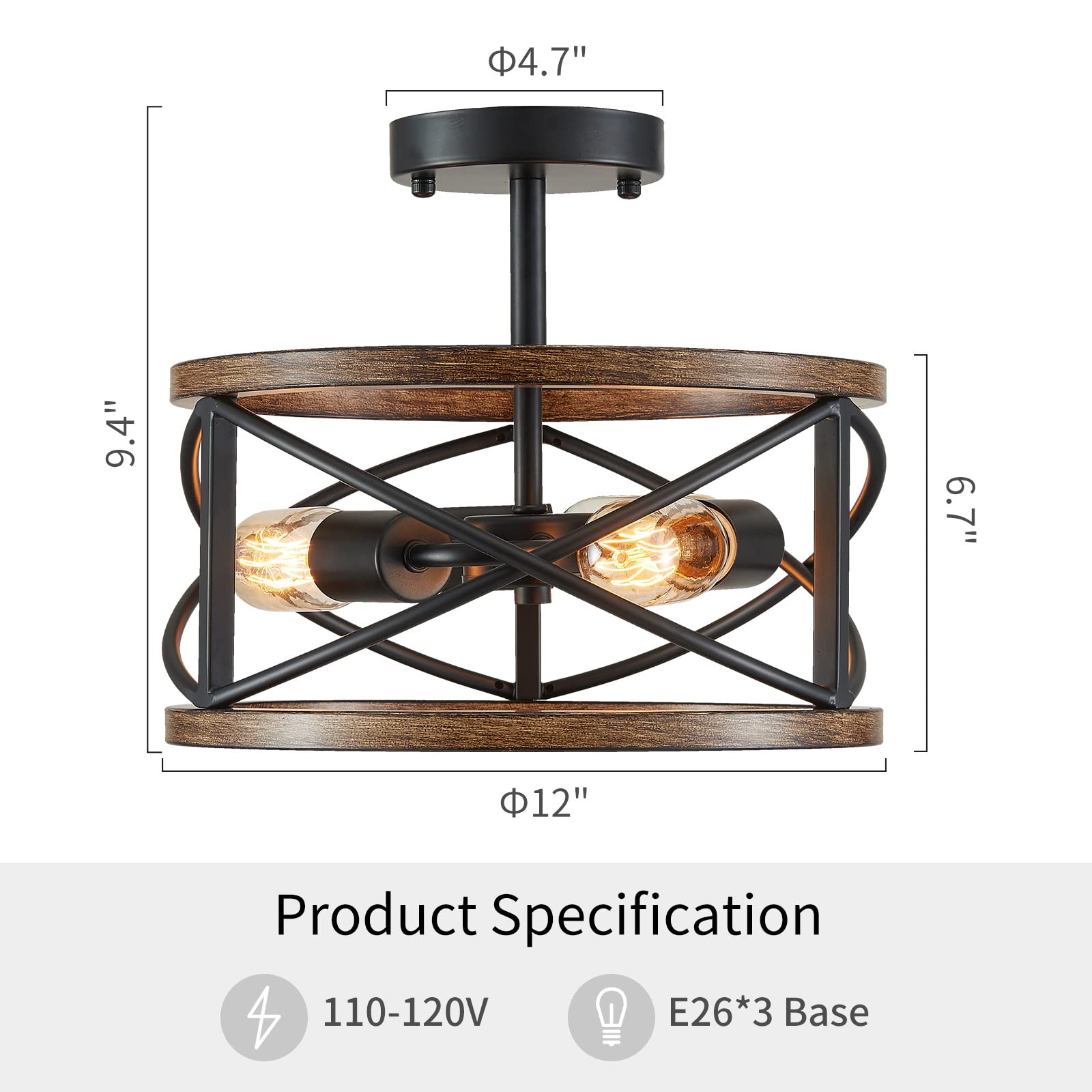 WUZUPS 3-Light Chandelier Vintage Farmhouse Semi-Flushmount Ceiling Light, 9.4"H x 12"W, Black & Wood Imitation, Model USHD90025-B