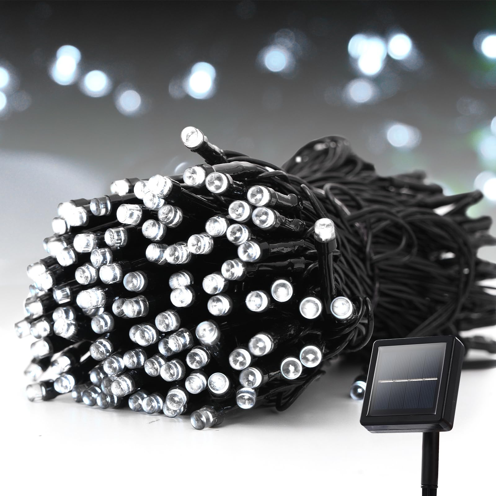 Lycklig Solar Christmas Lights 200 LED - 82ft Waterproof String Lights, 8 Modes, Cool White, Model LY-TYN-PVC-CW-200LED-1P
