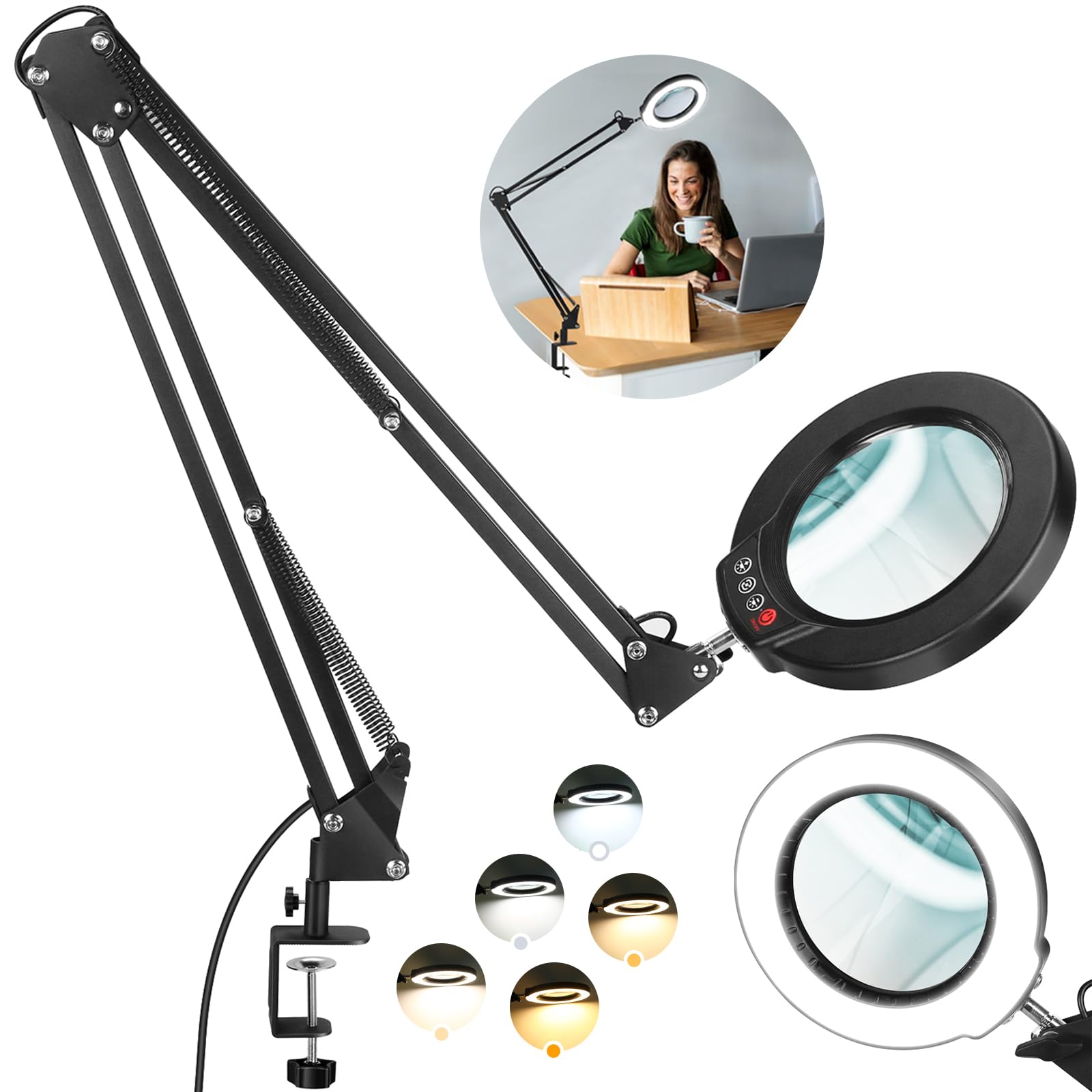 Krstlv 10X Magnifying Glass With Light & Stand, Adjustable Led Desk Lamp, 5 Color Modes