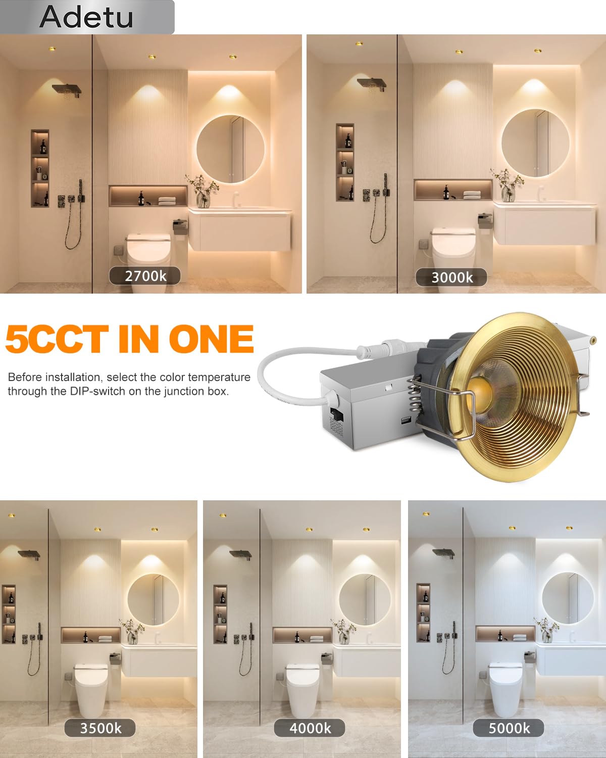 Adetu 2 Inch 5Cct Gold Led Recessed Ceiling Light With Junction Box, 2700K/3000K/4000K/50000K Selectable, Cri90, 8W Cob, 780Lm,