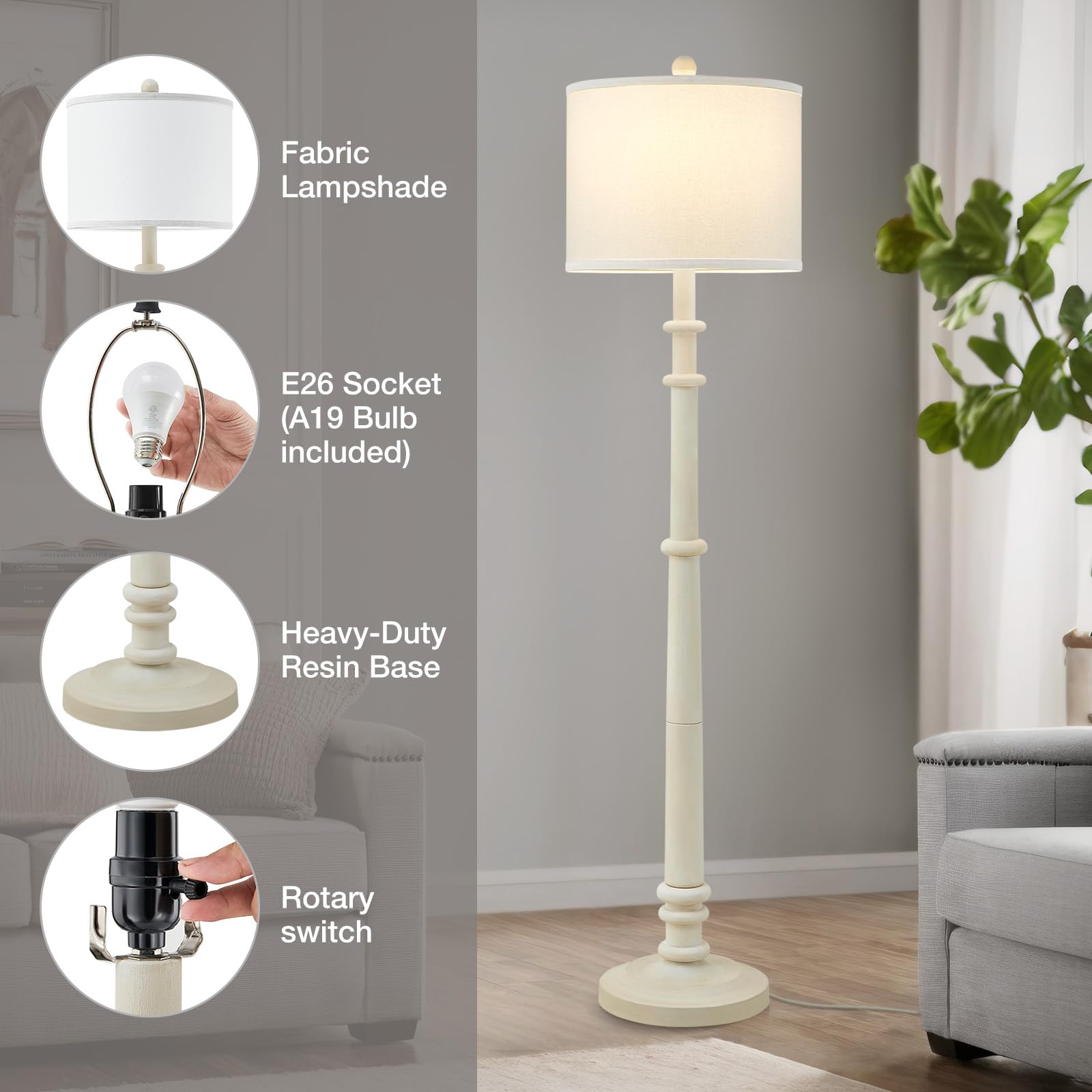 EJIAXIN 60" Farmhouse Floor Lamp - Vintage Resin Standing Light with Linen Shade, 3 Color Temperatures, Almond White