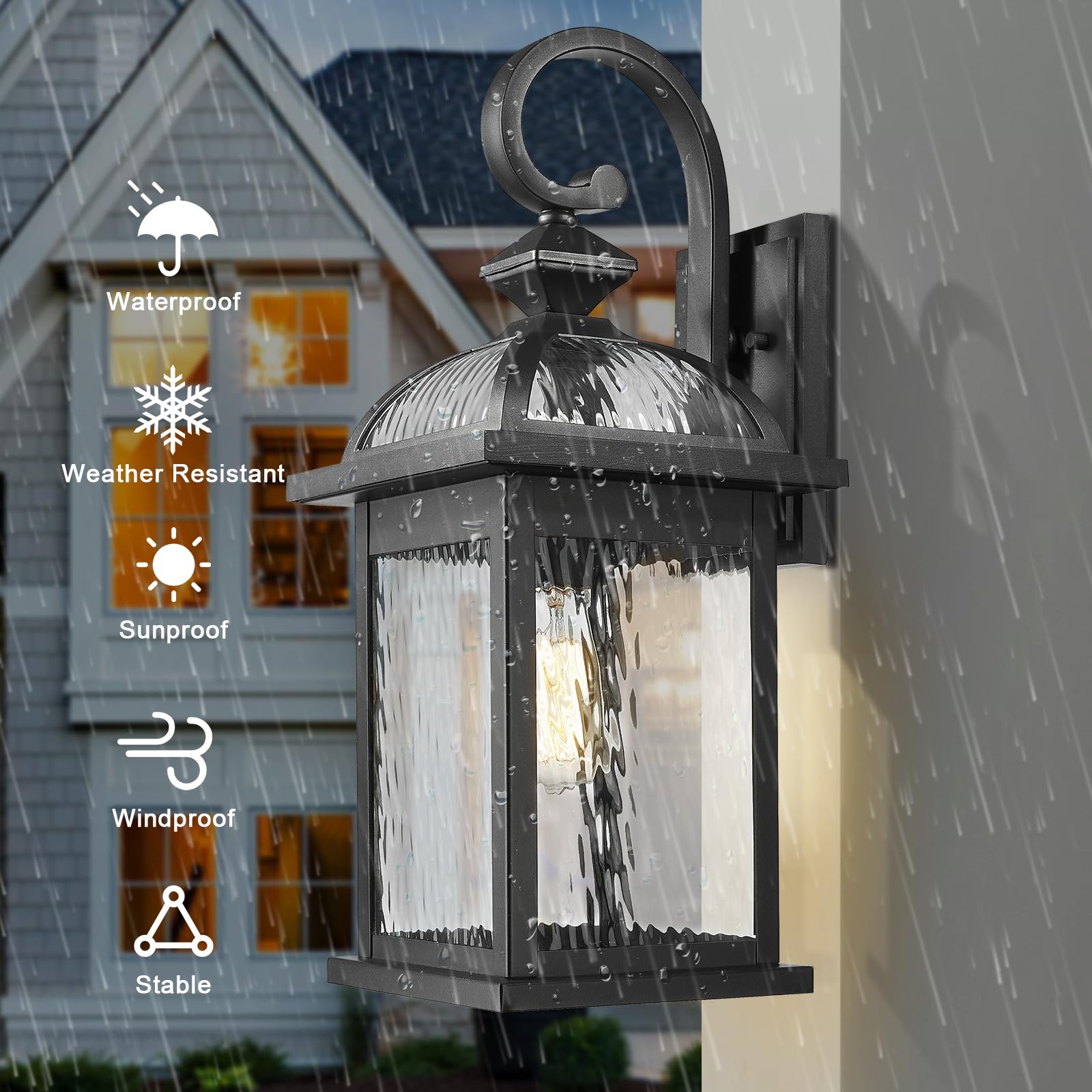 Darkaway Outdoor Wall Light Fixture, 22" Waterproof Black Sconce with Water Ripple Glass, Model 6D5B-M BK+SW
