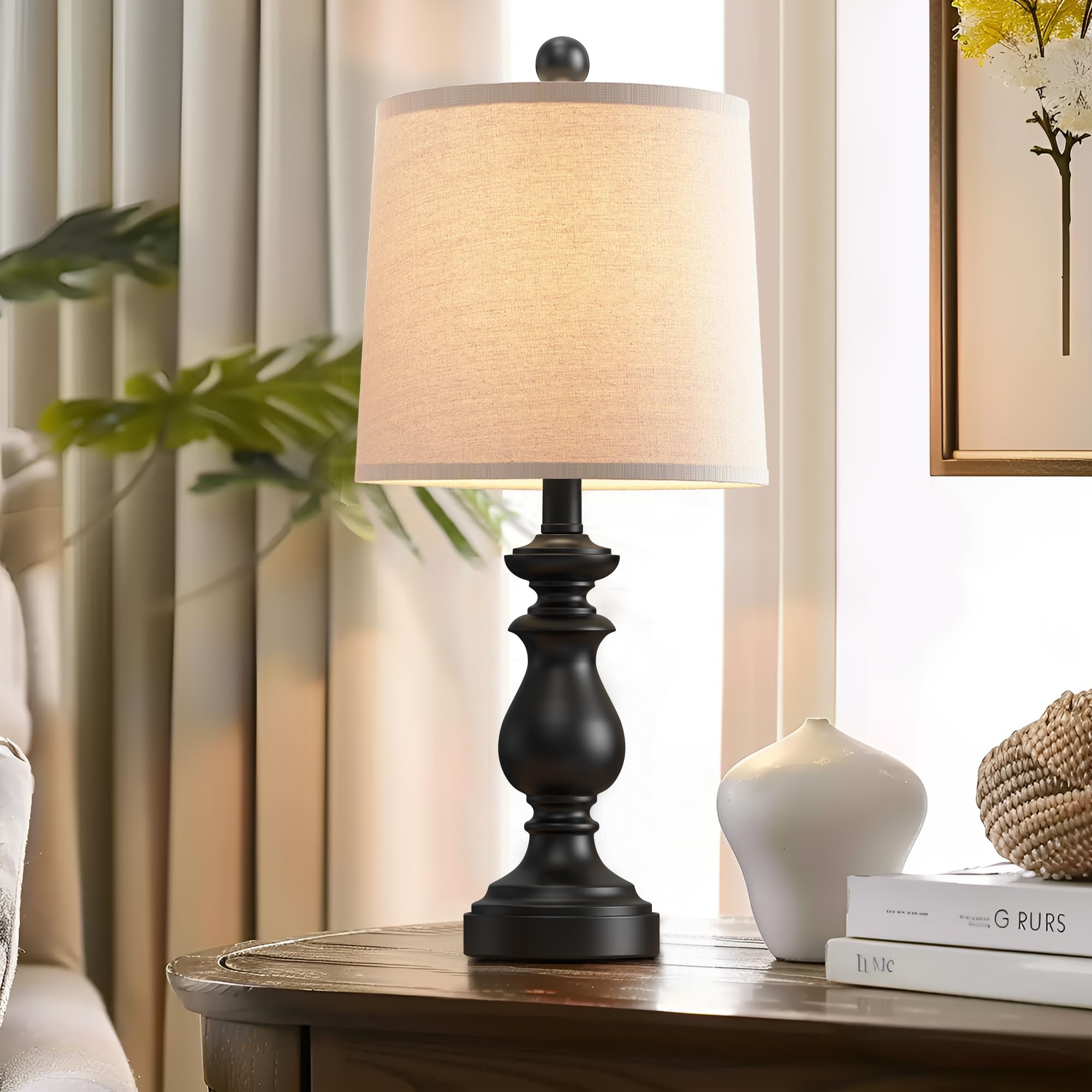 PARTPHONER Traditional Table Lamp Set of 2, 22in Rustic Black Resin Lamps with Linen Shades