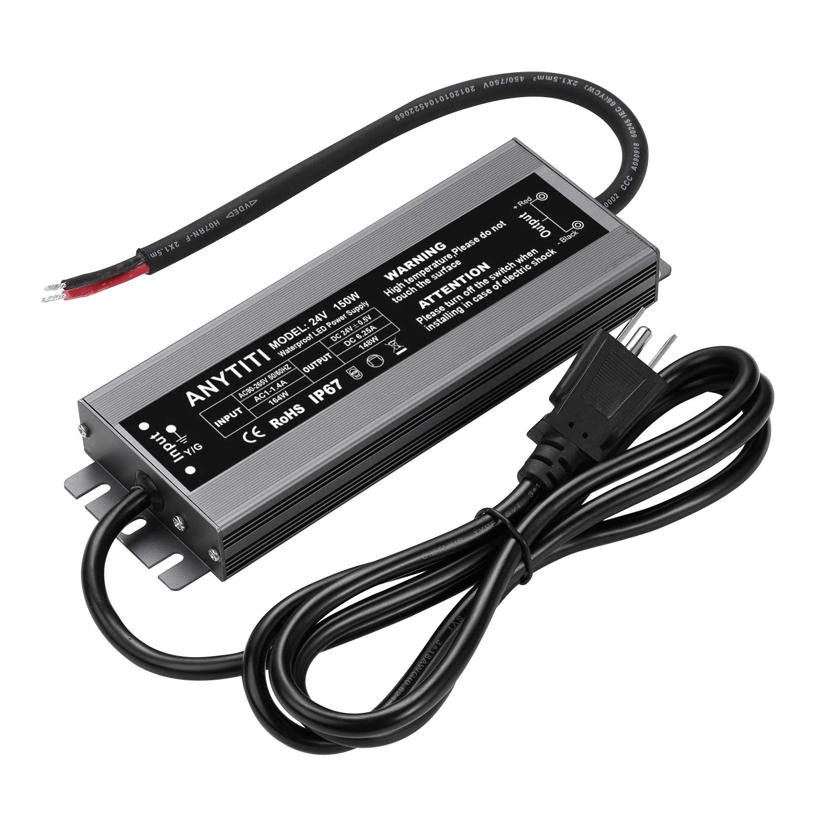 ANYTITI LED Driver, LED Power Supply with IP67 Waterproof Rating, Low Voltage Transformers, 150W Output, DC24V 6.25A with 3-Pron