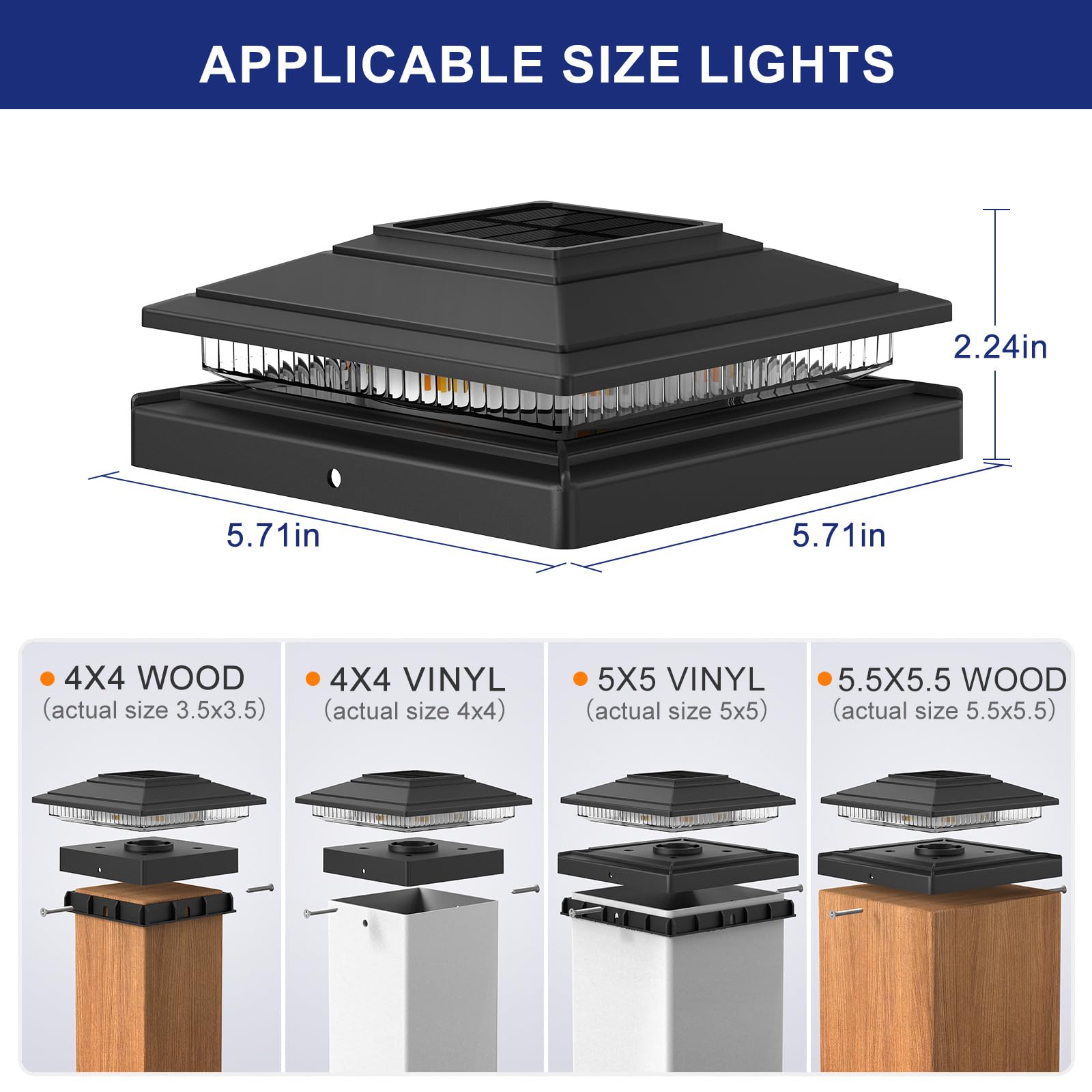 APONUO Solar Post Cap Lights 16-Pack - Black, IP64 Waterproof, 16 LED, 2-Mode, for 4x4/5x5/6x6 Posts,