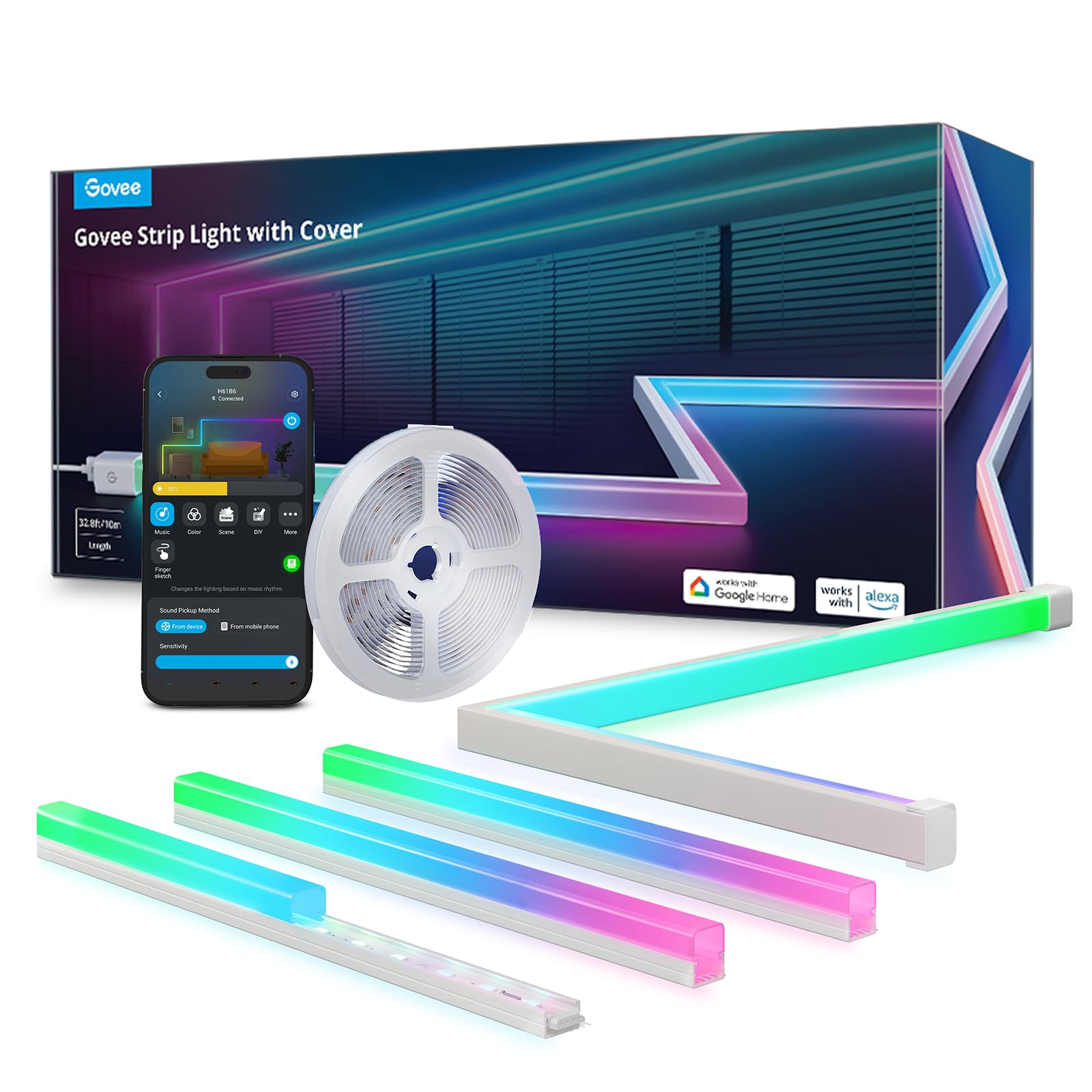 Govee RGBIC LED Strip Lights 32.8ft with Covers, Smart Lights Work with Alexa and Google Assistant, LED Diffuser Channel with LE