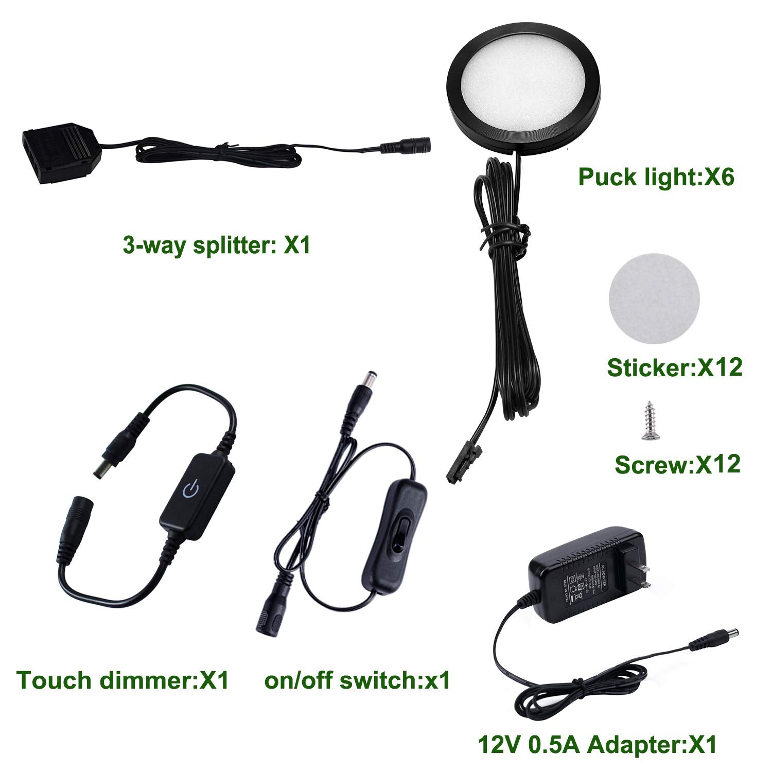 Aiboo Under Cabinet Led Black Cover Puck Lighting Kit With Touch Dimmer Switch For Kitchen Cupboard Closet Lighting (6 Lights Daylight White)