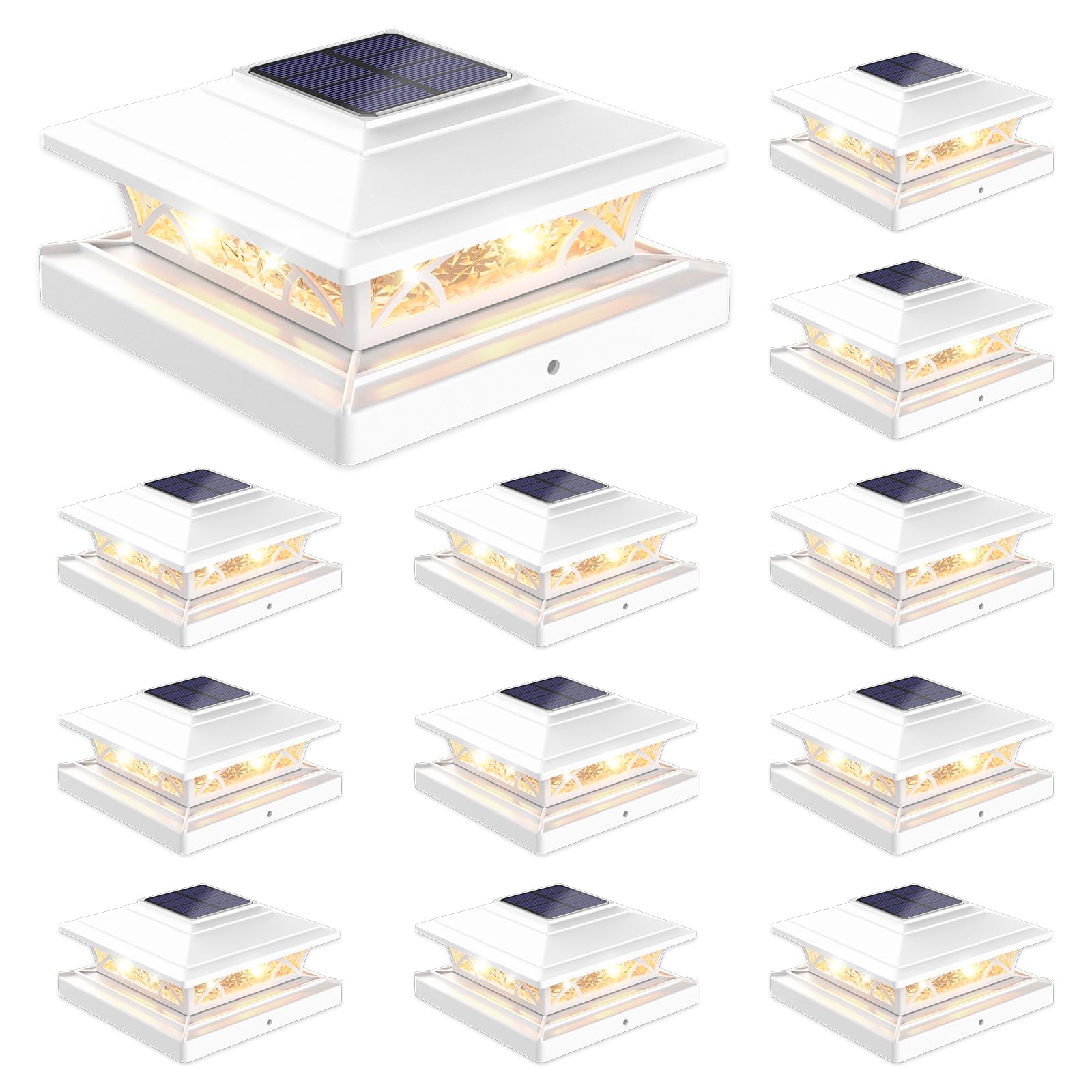 JOFIOS Solar Post Cap Lights Outdoor 12pack, White Deck Fence Post Lights Solar Powered with 16LEDS 2 Lighting Modes, 4x4/5x5/6x
