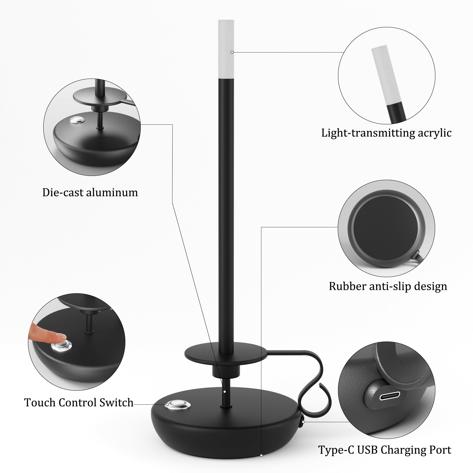 irotine Cordless LED Table Lamp, Rechargeable, Stepless Dimmable, Model HT-905, Black
