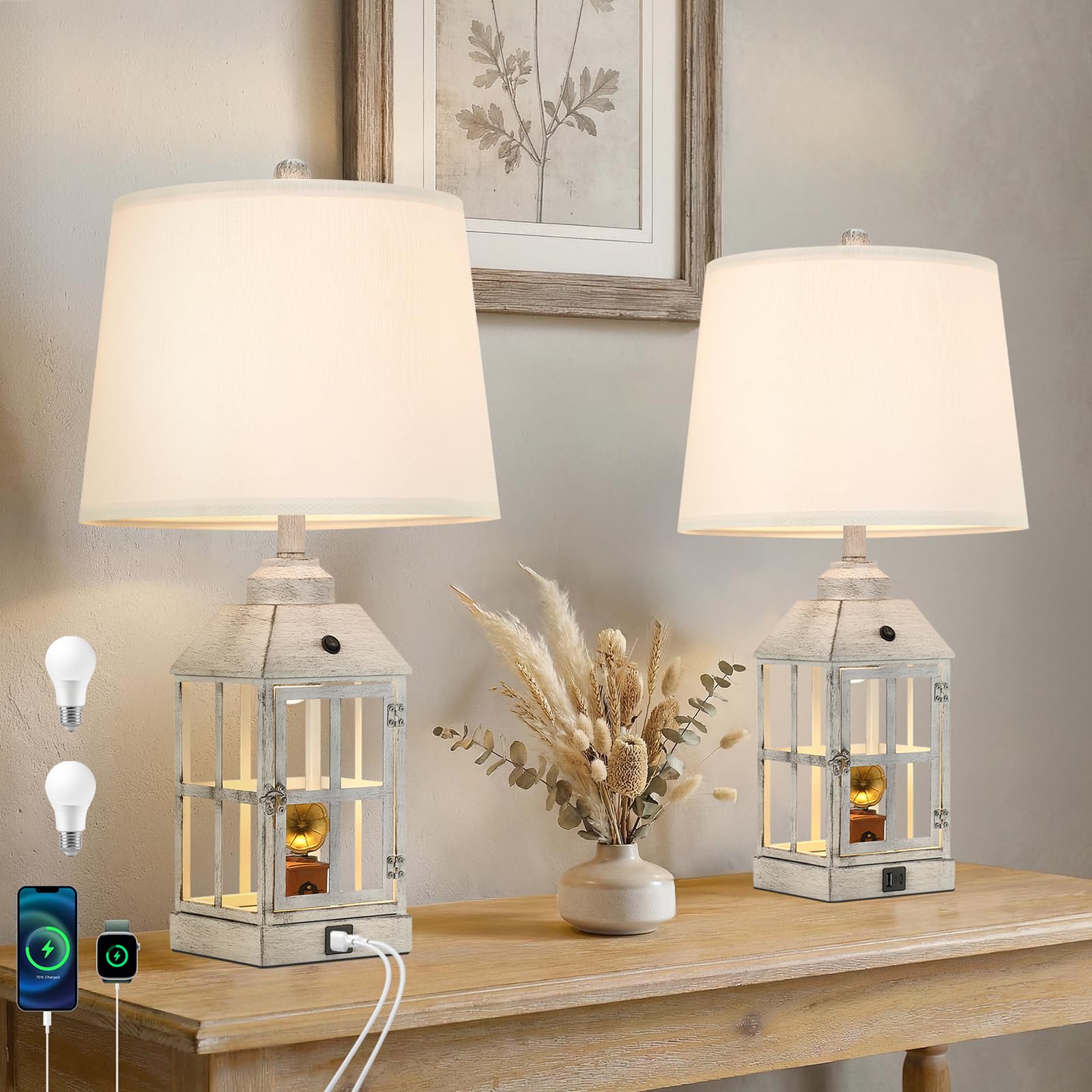 25 Farmhouse Table Lamp for Living Room, Table Lamps Set of 2 with USB Port and Nightlight, Rustic Table Lamp for Bedroom, Bedsi