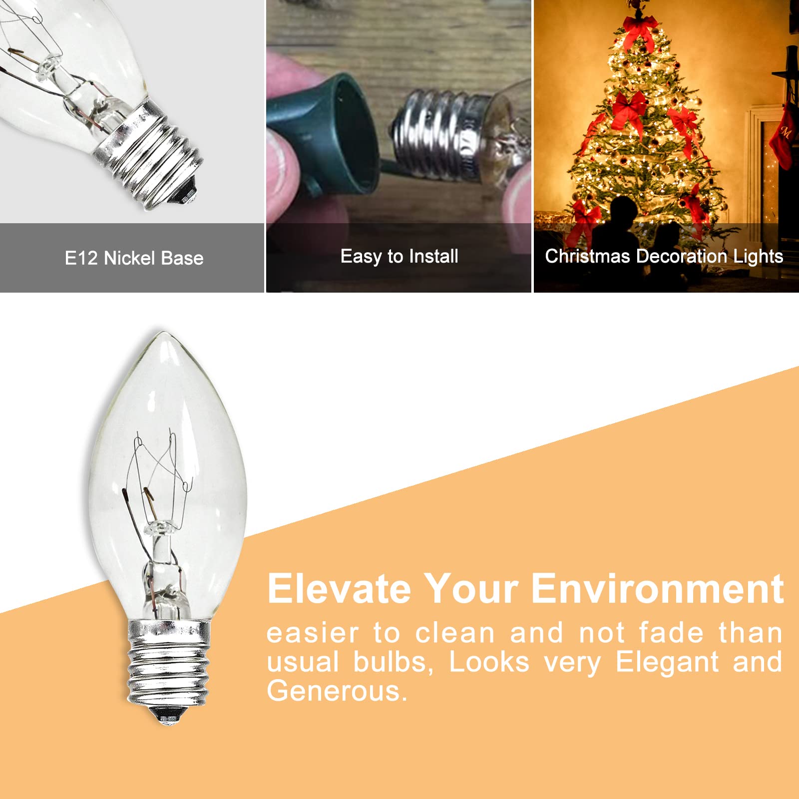 Chysuper 25 Pack C7 Clear Replacement Bulbs, 120V 5W Incandescent, C7 Christmas Lights, E12 Candelabra Base C7 Halloween Bulbs Warm White For Patio Outdoor String Lights Decor, Night Light