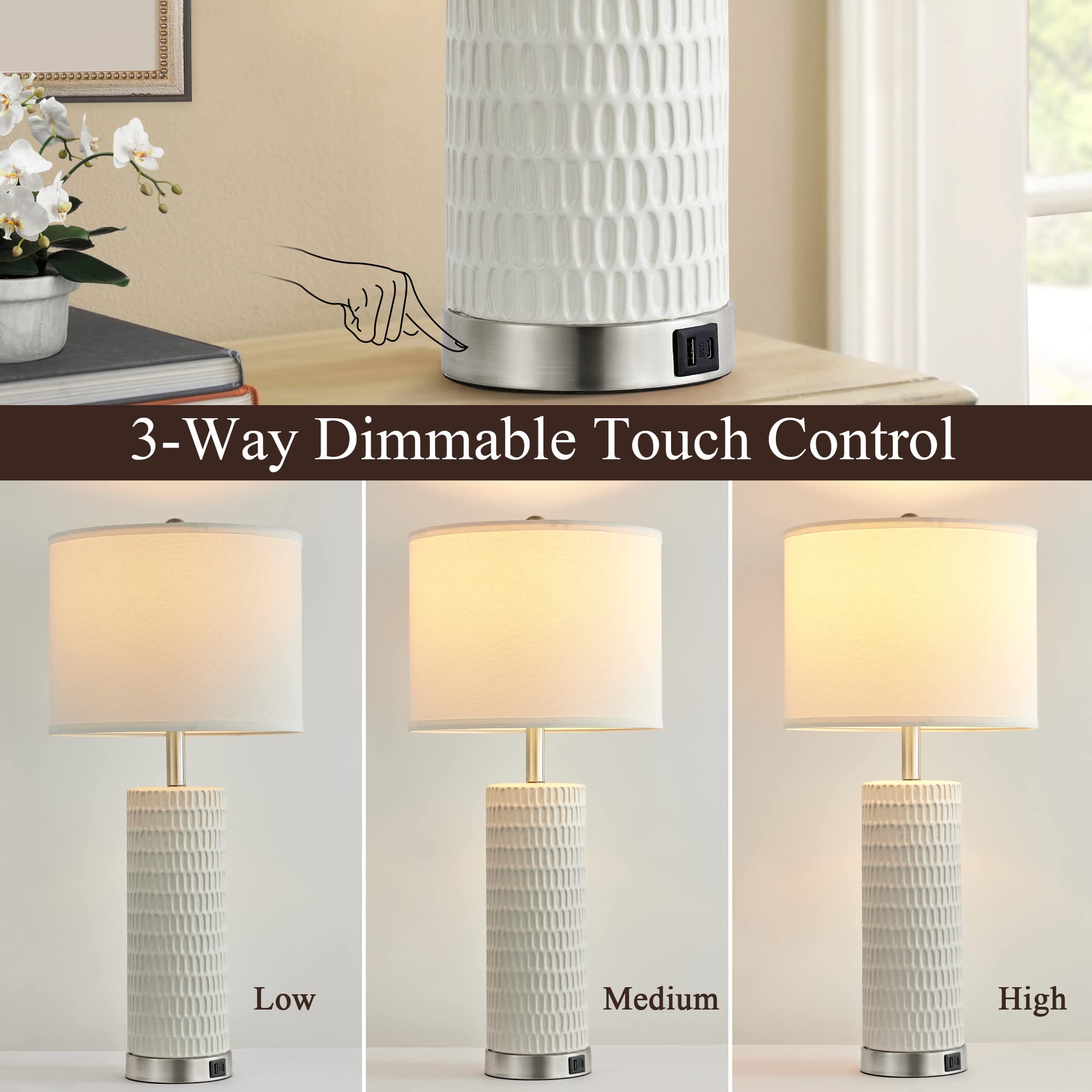 Reaketon 28" Ceramic Table Lamp Set of 2 - 3 Way Dimmable Touch Control with USB Ports, Modern White Nightstand Lamps, Model 22102-1T