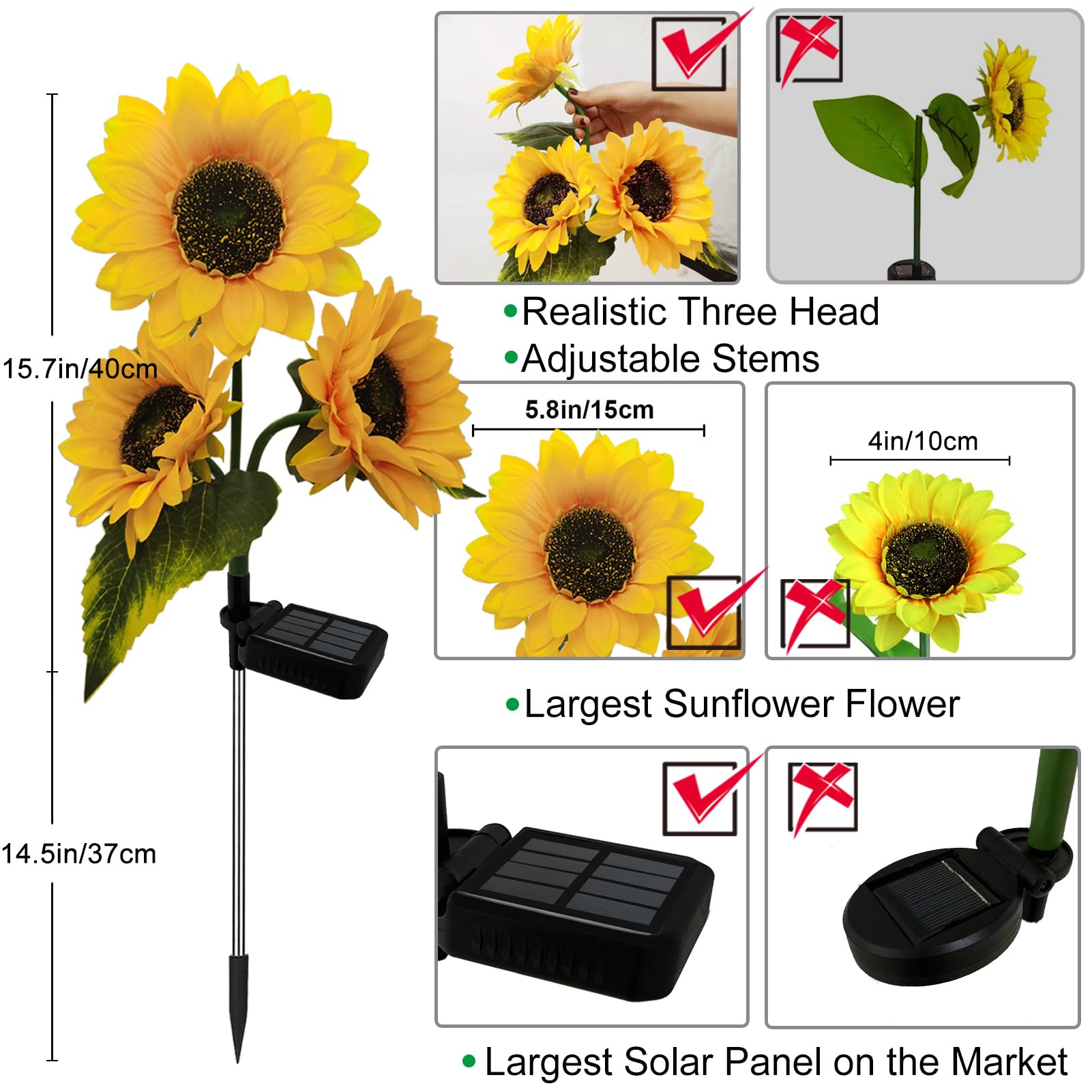 Nooneast 2 Pack Sunflower Solar Lights - Waterproof Led Yellow Flower Decor For Garden Pathway