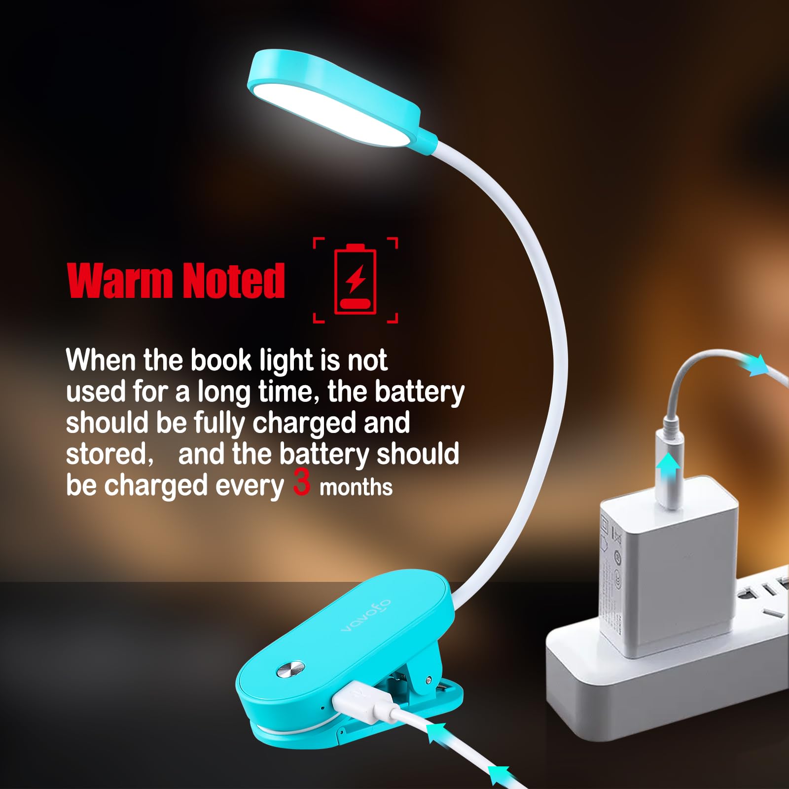 VAVOFO Rechargeable Book Light, 14 LEDs, Clip On, Eye Care, Amber Light, Lake Blue, Model KM-6775