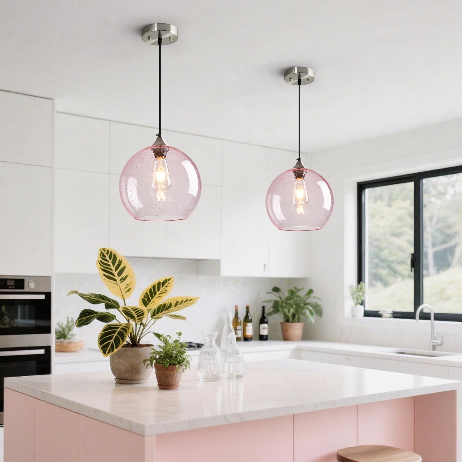 Lbsqj Pink Glass Pendant Lights Kitchen Island Globe Pendant Light Fixtures Modern Pendant Lighting For Bedroom Living Dining Room Light Fixture (9.84 In  3 Pack)