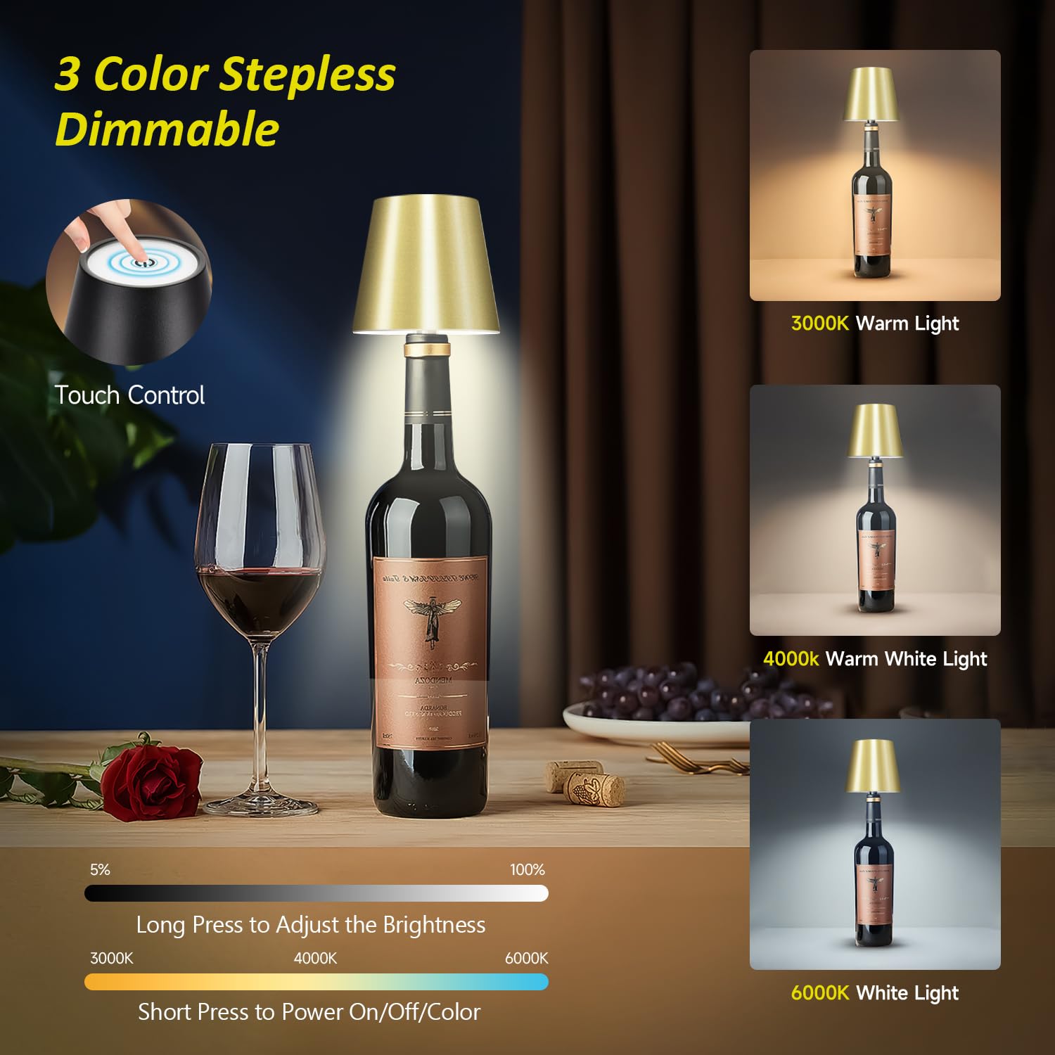Hoide Wireless Bottle Lamp - LED Touch-Dimmable Night Light Kit, 5.7in, Mat Gold
