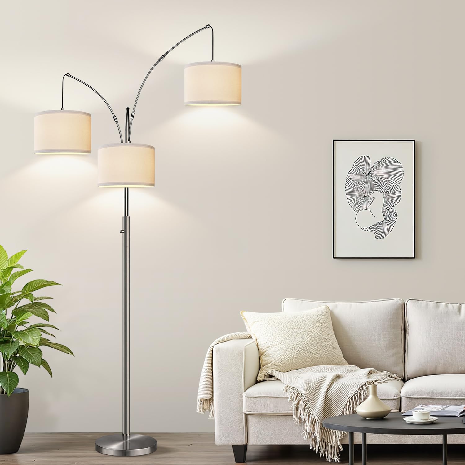Nintiue Dimmable Floor Lamp - 3 Lights Brushed Nickel Arc Floor Lamps For Living Room,1000Lm Modern Tall Standing Lamp With Whit