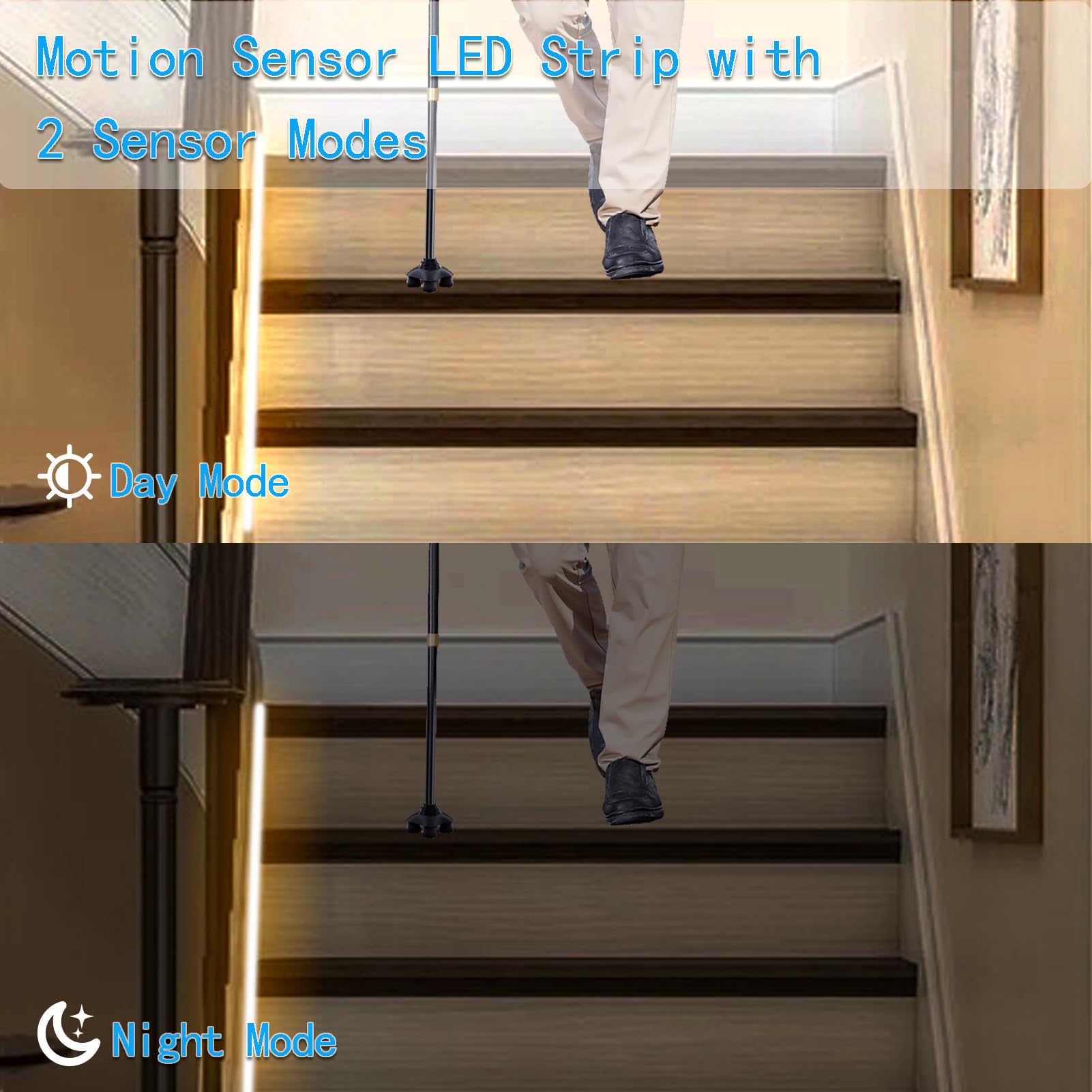 echosari Battery Operated Motion Sensor Cabinet Strip Lights, 9.8Ft, 90 LED, Warm White, Model ES-StripL, Ideal for Stairs, Wardrobe, Kitchen