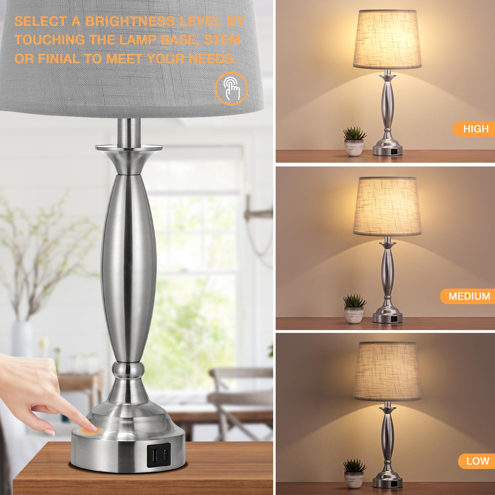 Seealle Touch Bedside Lamps Set of 2 - 3 Way Dimmable, USB Ports, 22.5in Brushed Nickel, Mottled Gray Shade