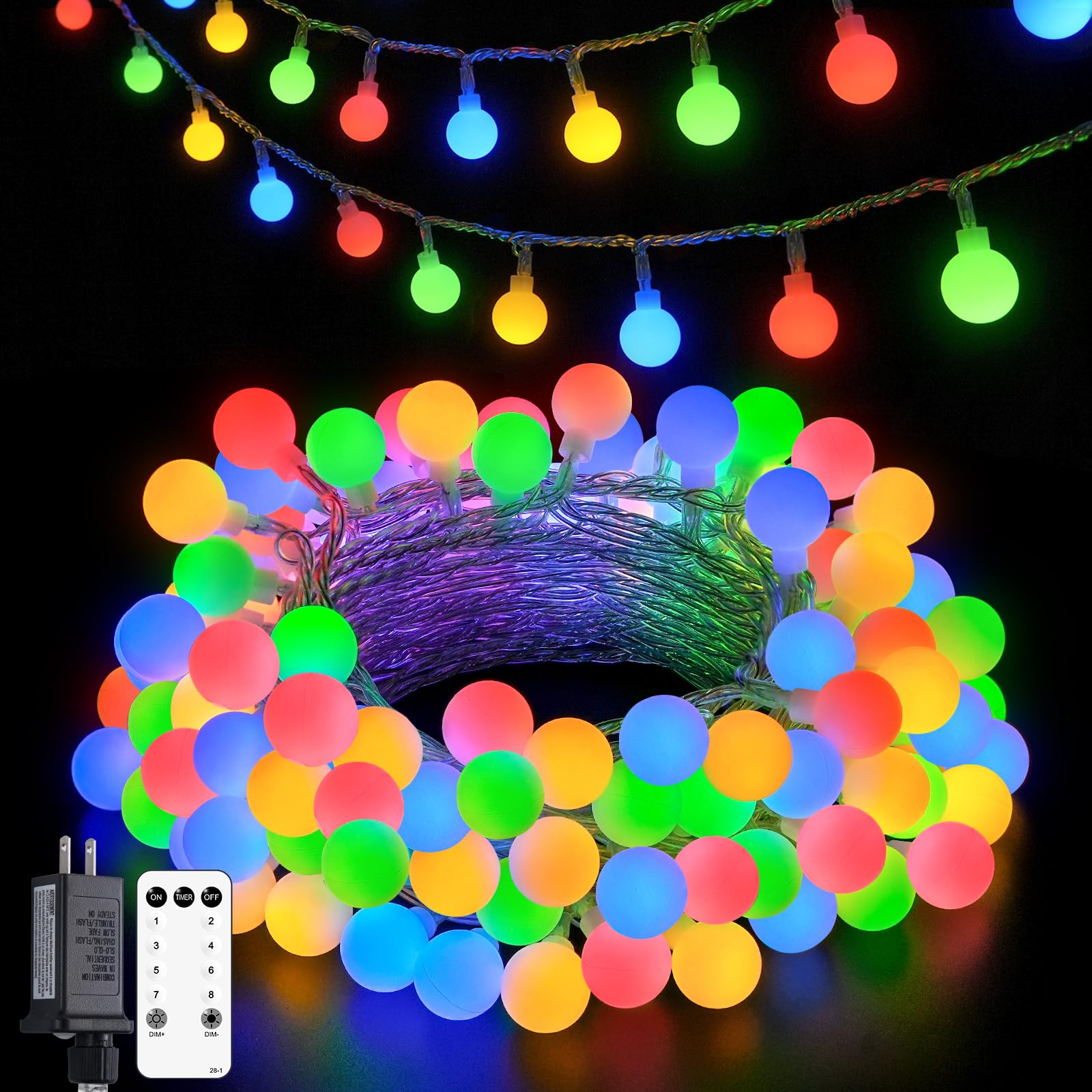 Globe String Lights 43ft, 100 LED Fairy Lights Plug in with Remote for Bedroom Classroom,Indoor,Party,Patio- Multicolor