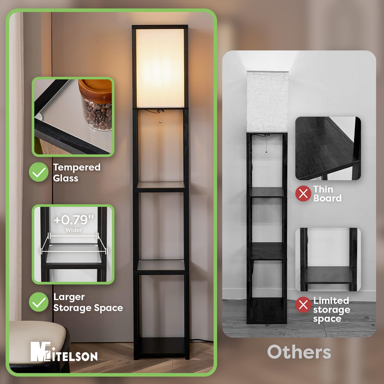 Mitelson Floor Lamp With Shelves, Modern Square Standing Lamp With Glass Shelves, Corner Display Shelf With Light, Tall Lamp Wit