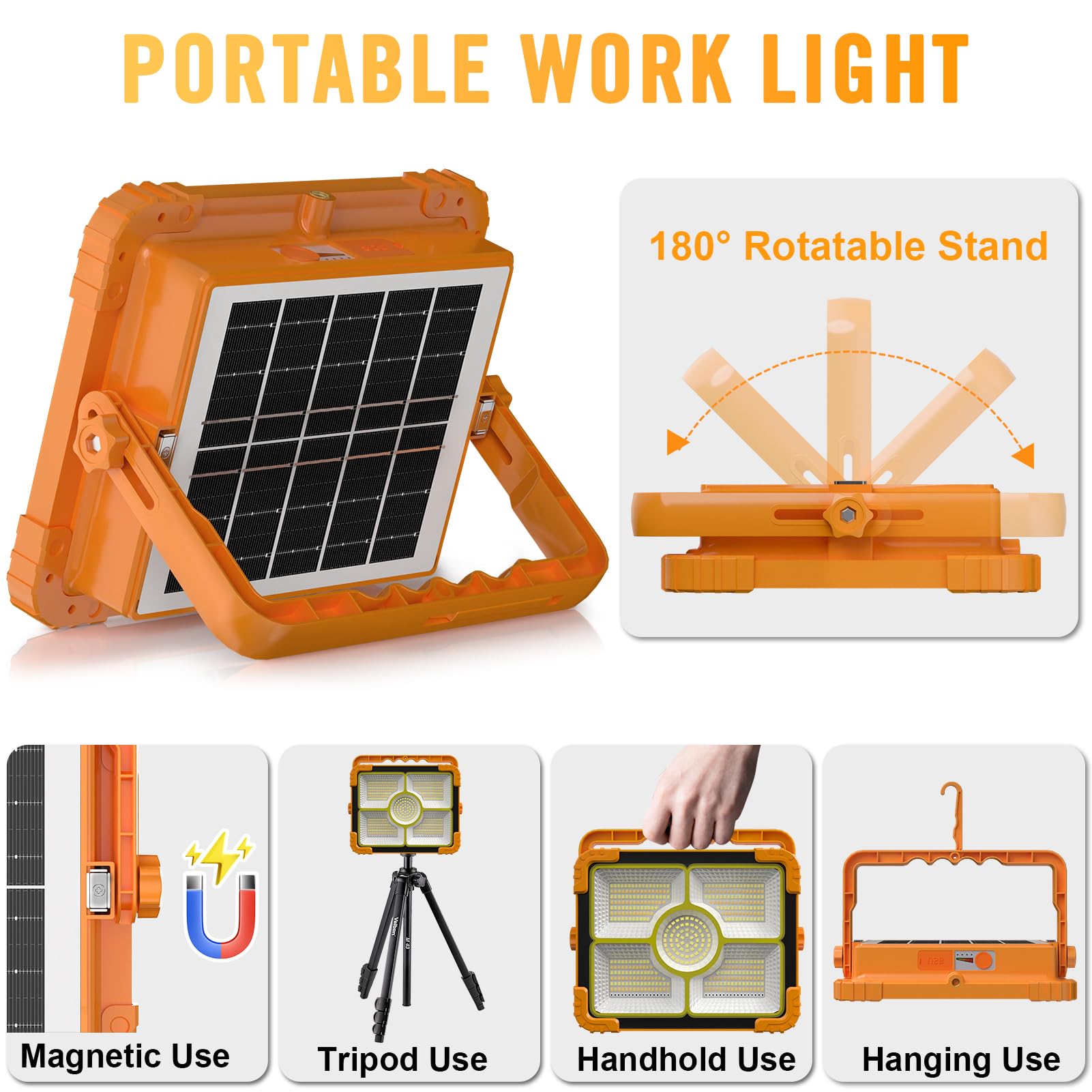 100W Led Solar Work Light, 466 Led 10000Lm Magnetic Worklight With 5 Modes, 12000Mah Battary Rechargeable, Ip66 Waterproof Portable Solar Outdoor Working Light For Emergency, Repair, Camping