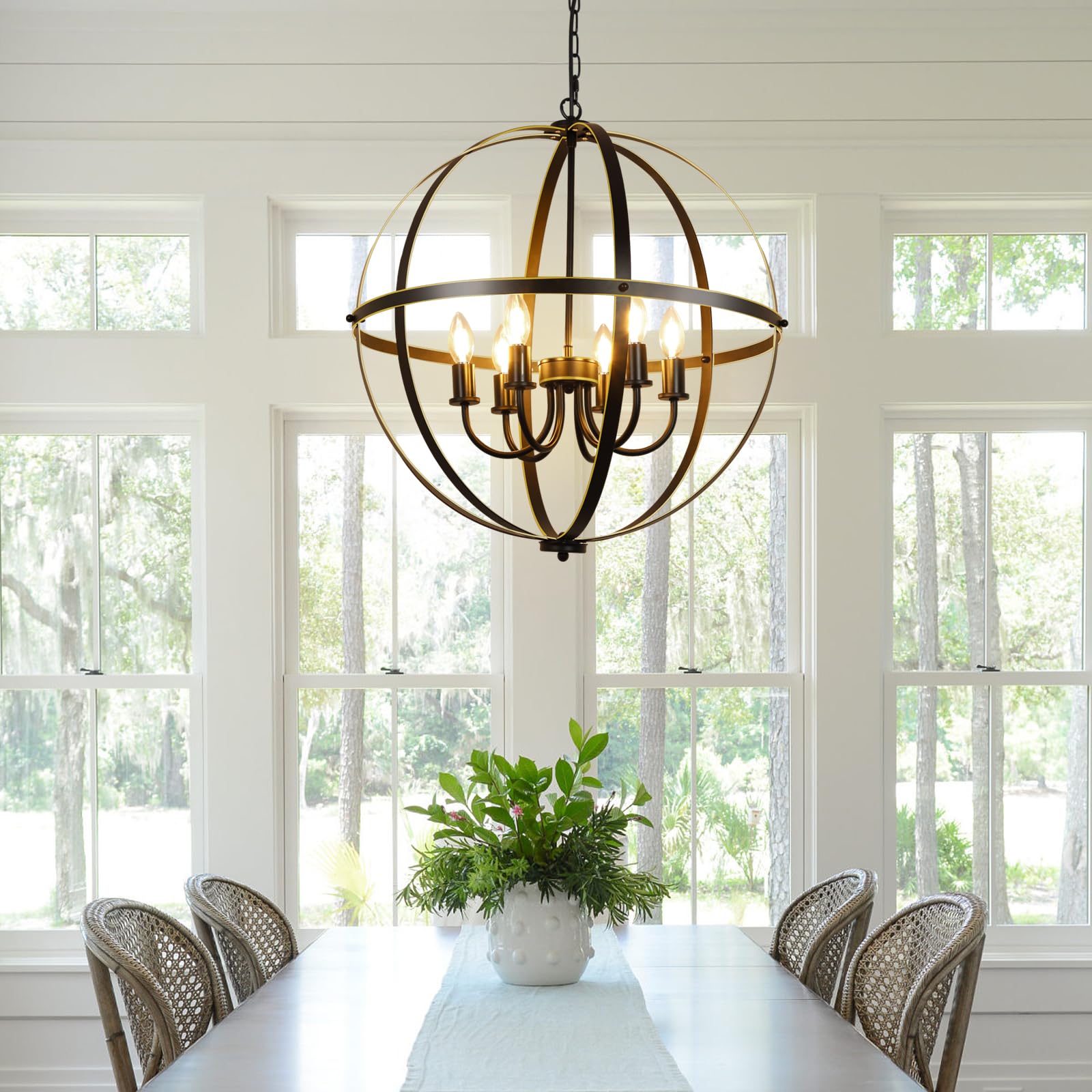DINGLILIGHTING 6-Light Orb Chandelier, Metal, Adjustable, Black and Gold, Model WS-FND5-40B-G