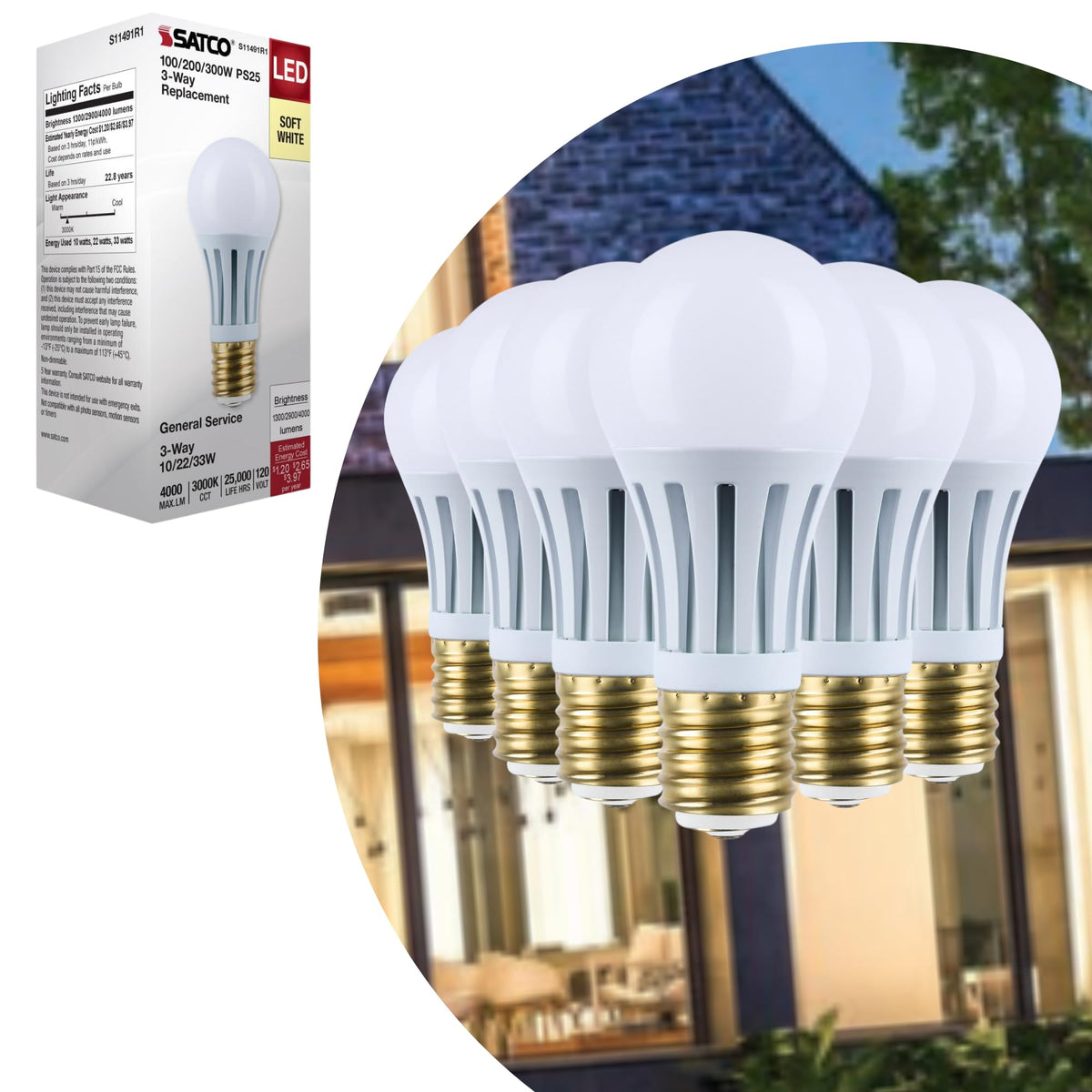 Satco Led Three-Way Lamp, 10/22/33W, Mogul Base, 3000K, White Finish (6)