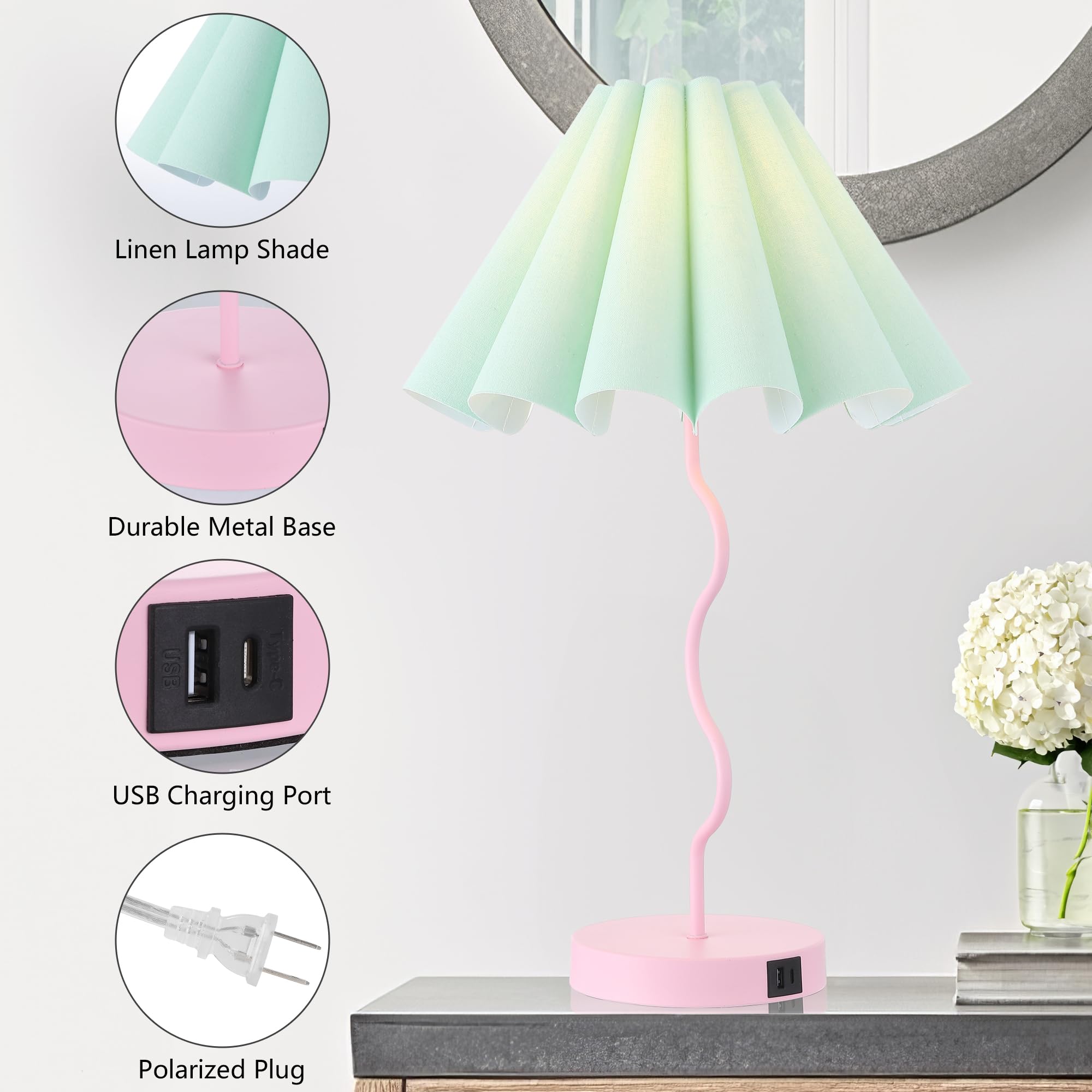 EOEYYOYB Modern Dimmable Table Lamp with USB Port - Pink for Bedroom & Living Room, Model EOEYYOYB2024050005